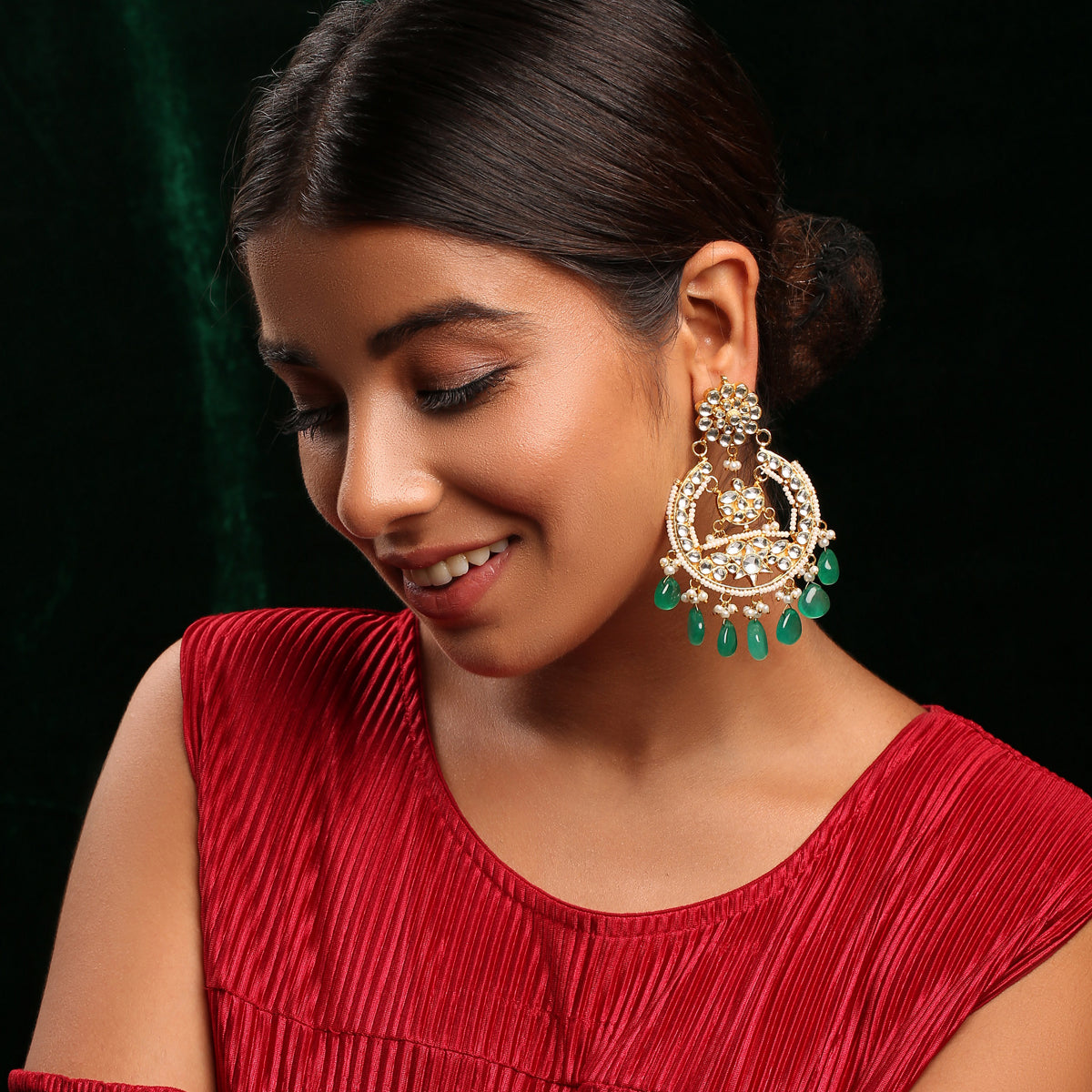 SJE021- Green and White Colour Gold Plated Jadau Kundan Earrings