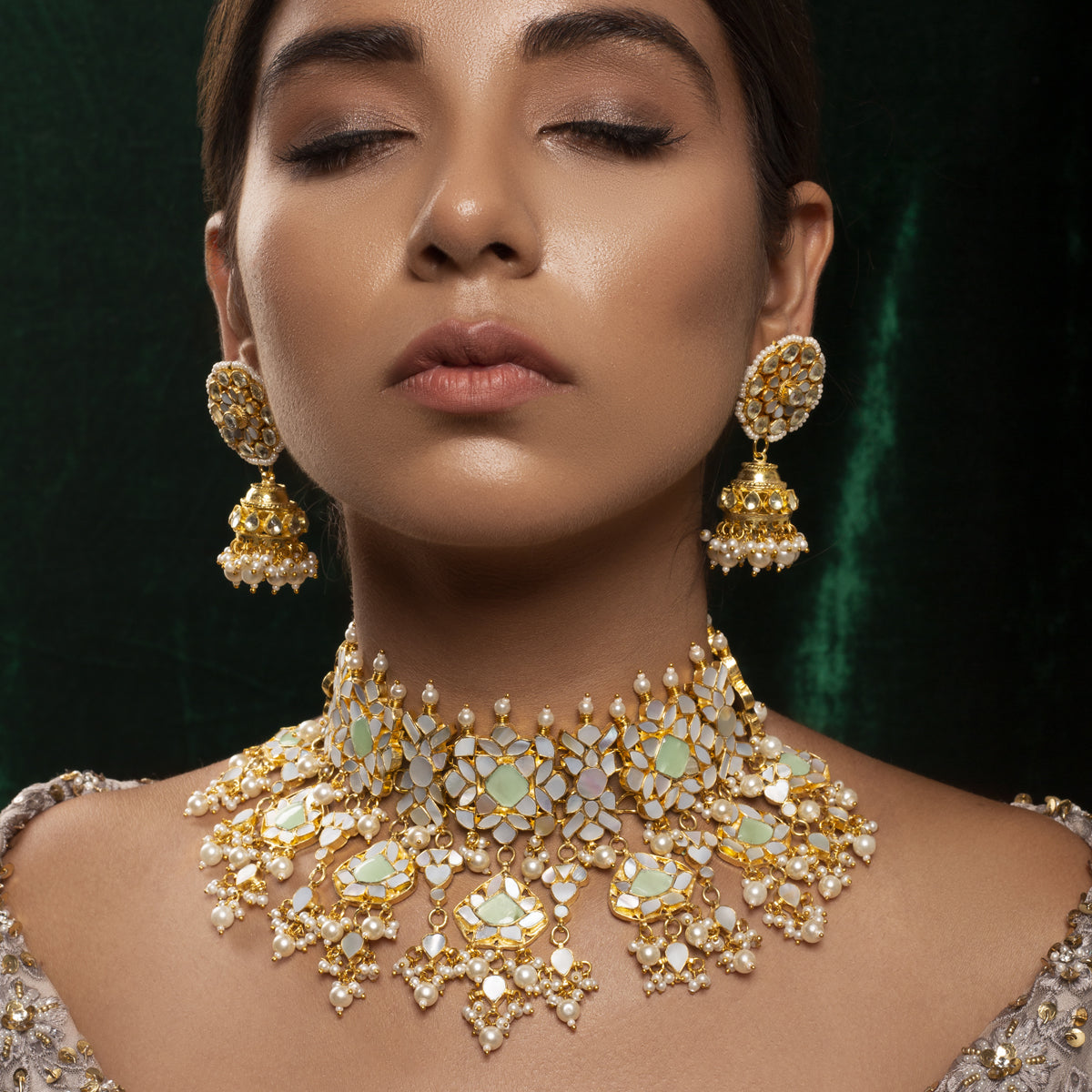 SJN120- White and Mint Green Colour Gold Plated Mother Of Pearl Necklace with Earrings
