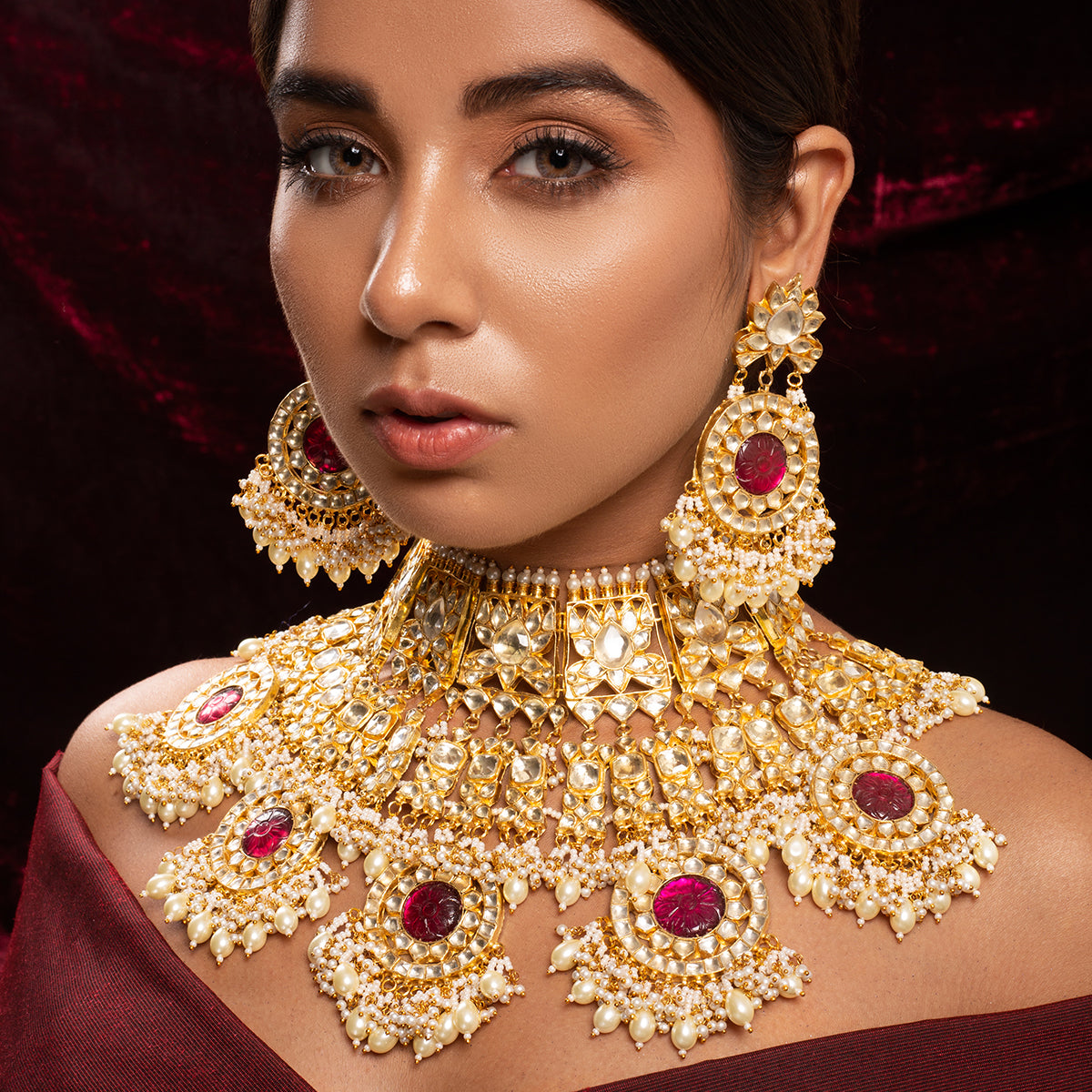 SJN112- White and Ruby Colour Gold Plated Jadau Kundan Bridal Necklace with Earrings