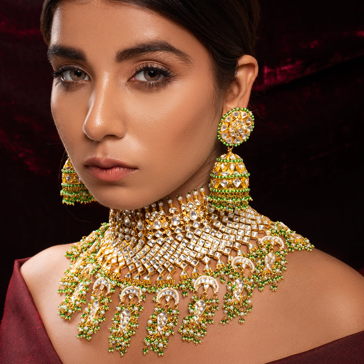 SJN104- White and Green Colour Gold Plated Jadau Kundan Necklace with Earrings