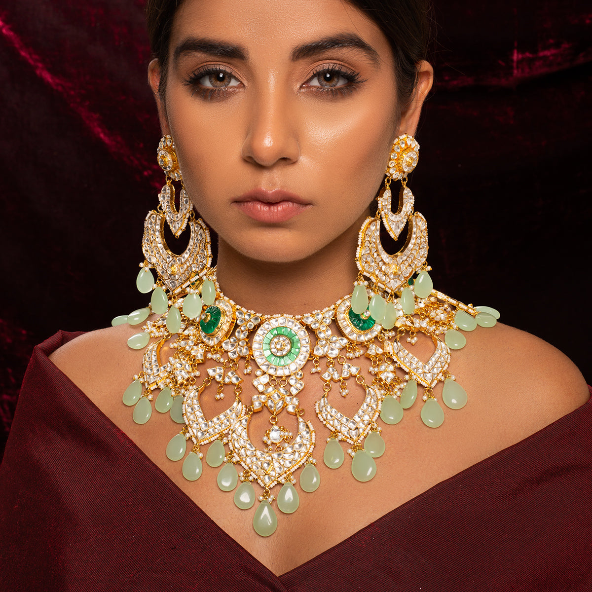 SJN116- White and Mint Green Colour Gold Plated Necklace with Earrings