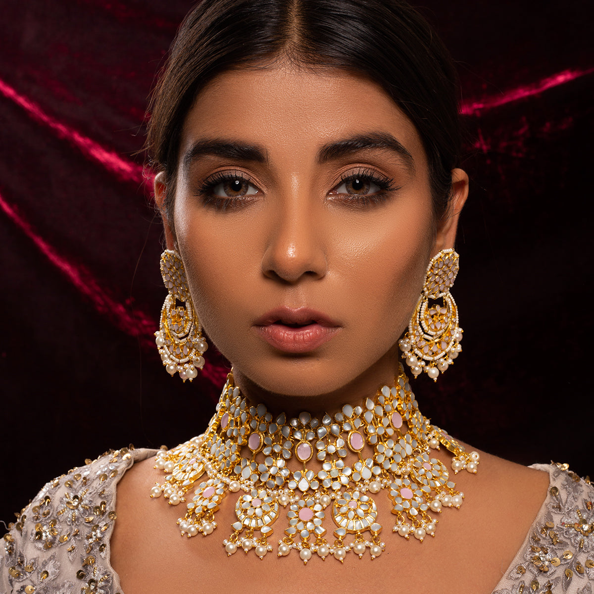 SJN057- White and Pink Colour Gold Plated Mother of Pearl Necklace with Earrings