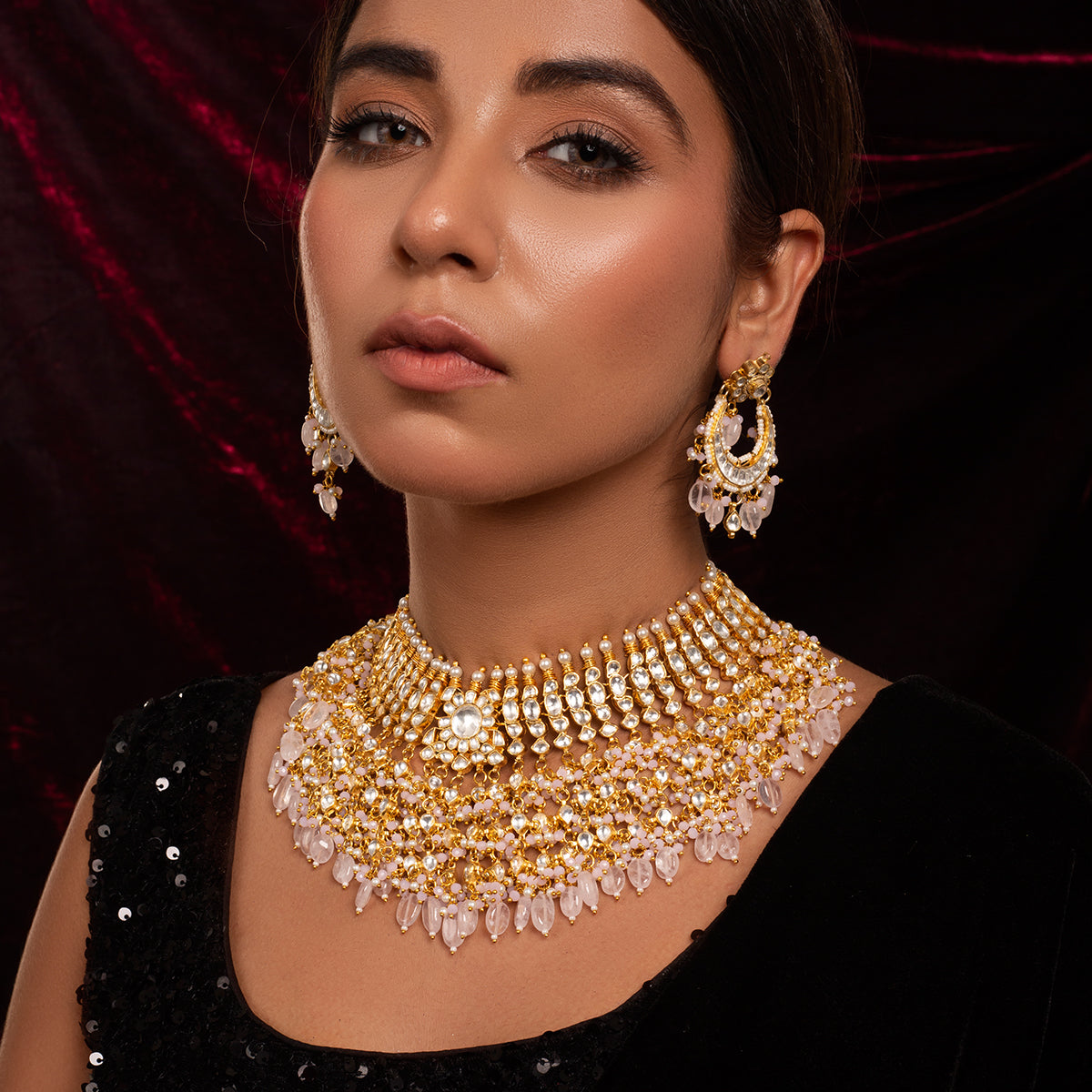 SJN066-White and Pink Color Gold Plated Jadau Kundan Necklace Set
