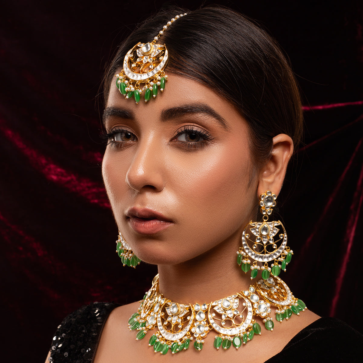 SJN049- Whiteand Green Color Gold Plated Chandbali Style Necklace Set