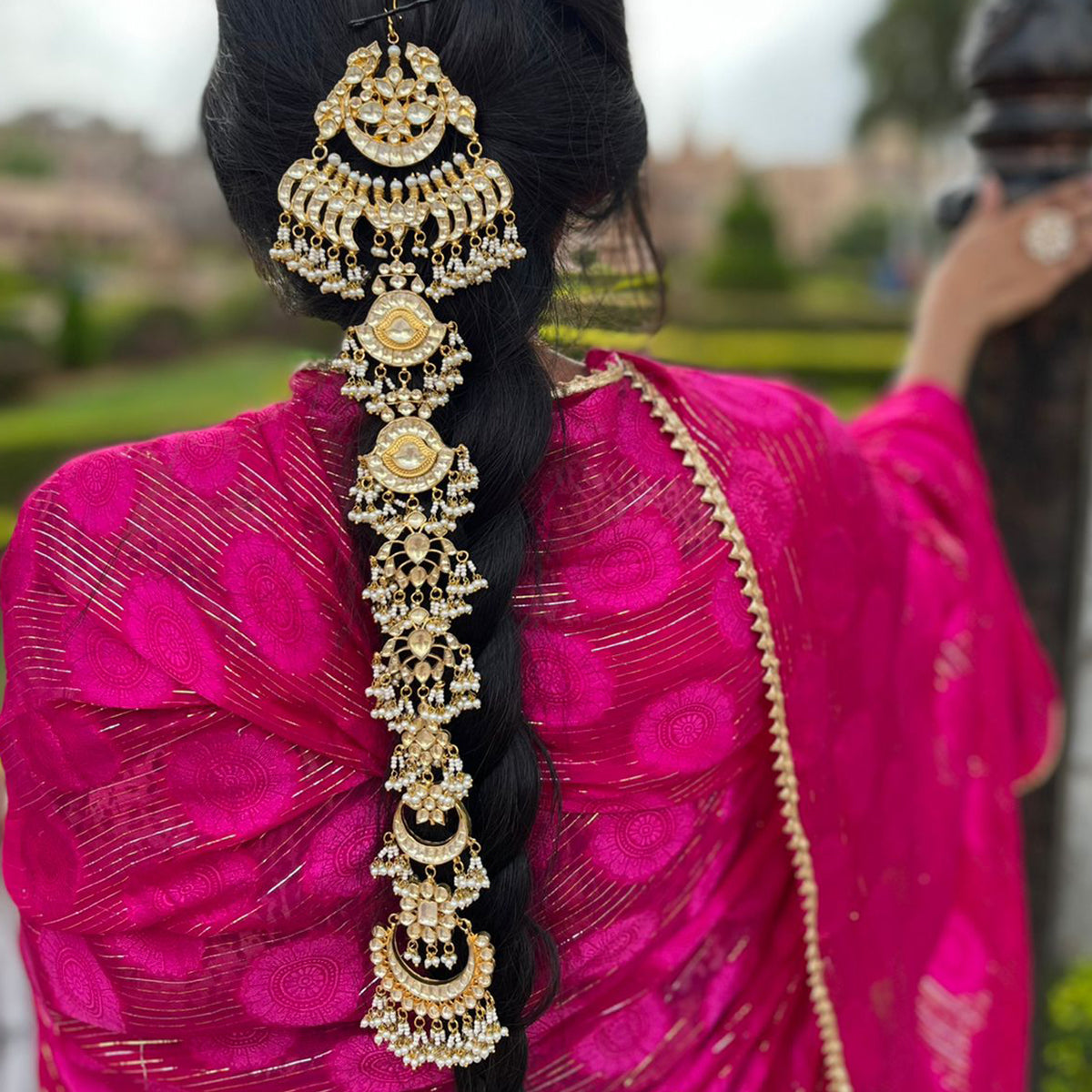 SJHB001-White Color Gold Plated Kundan Hair Accessories/ Braid