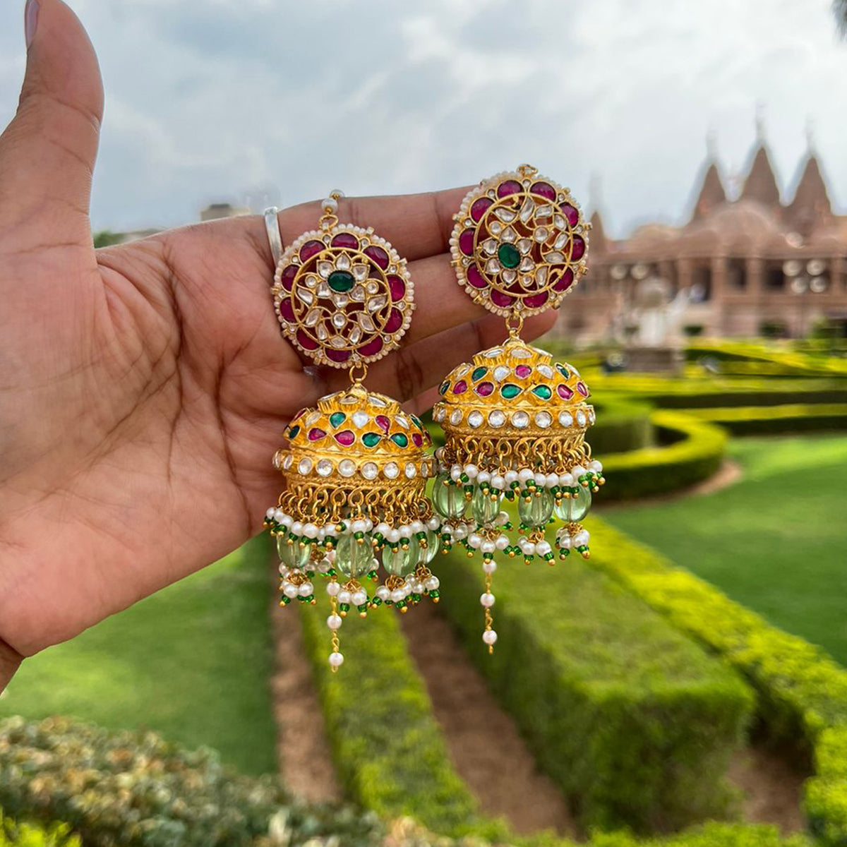 SJE030-Multicolor Gold Plated Kundan Jhumkas