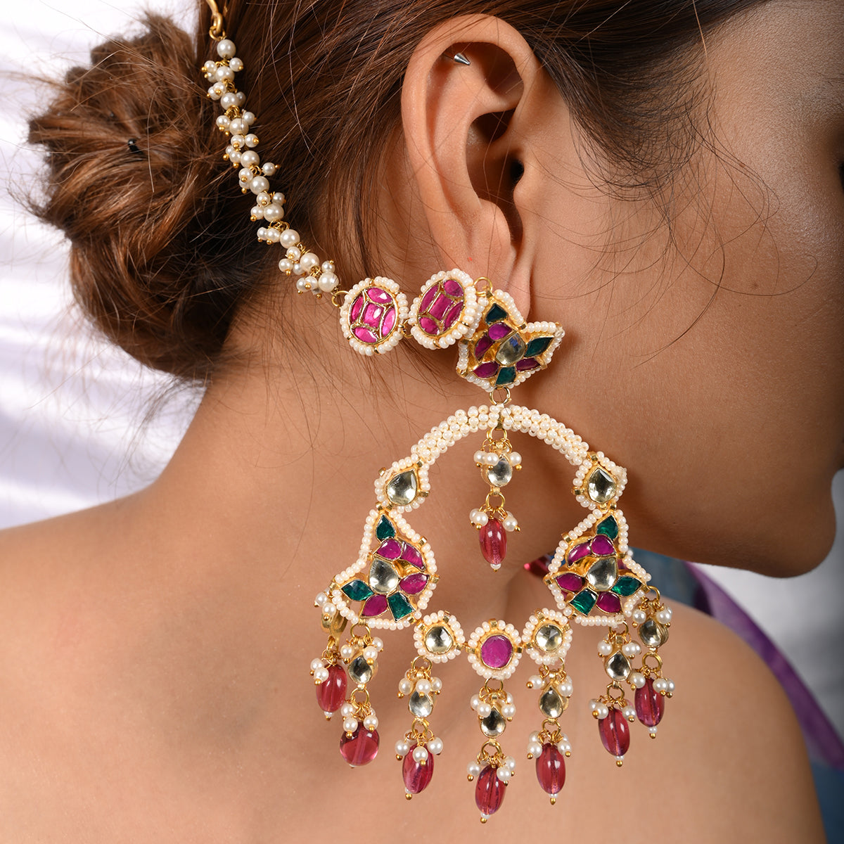 Kshiraj Pink Earrings with Hair Chain