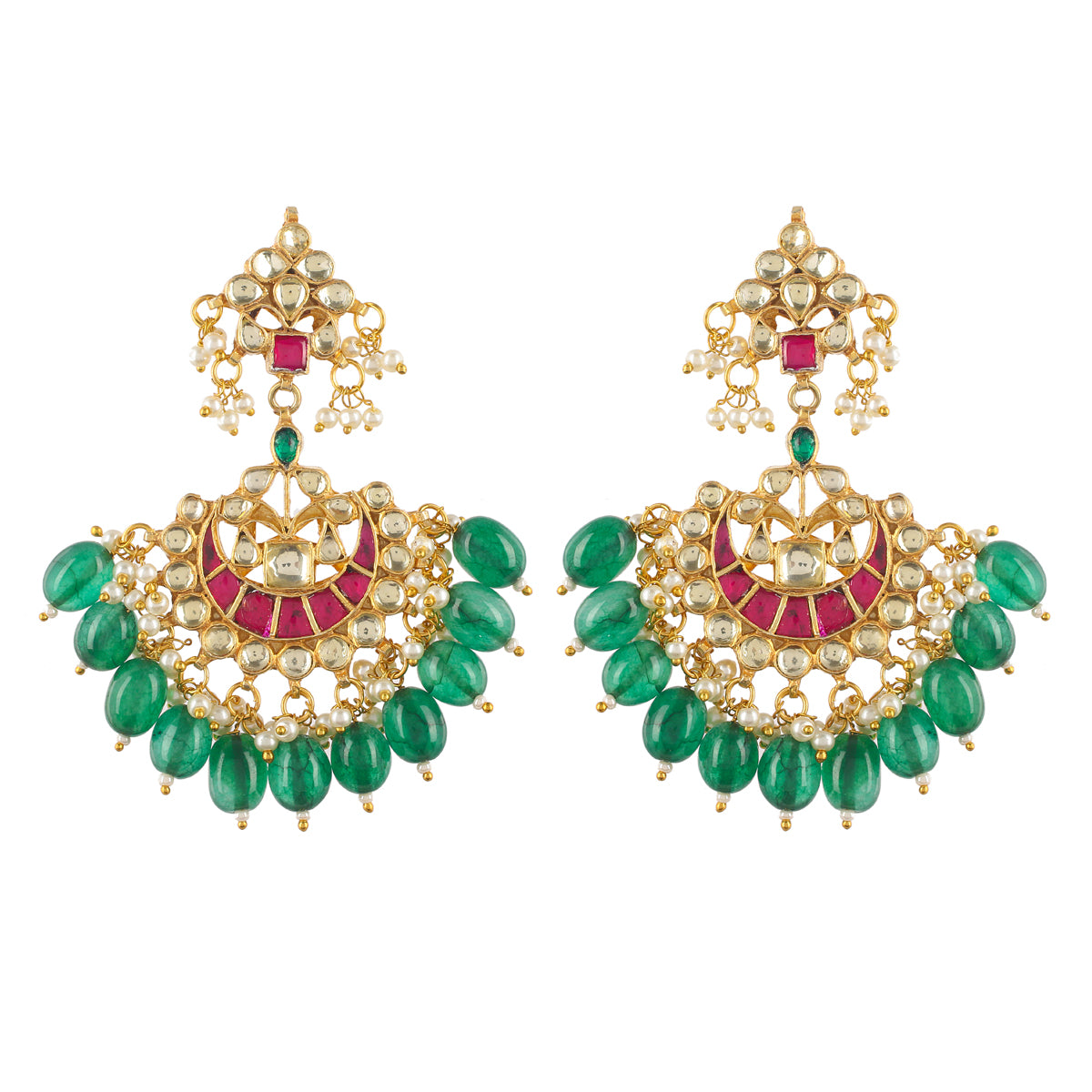 SJN001- Gold-Plated Kundan Necklace with Green and Pink Touched Earrings