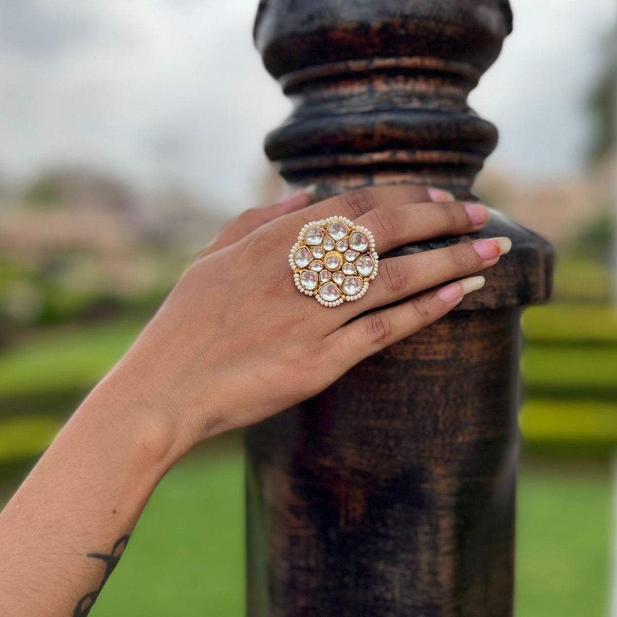SJR016-White Color Gold Plated Jadau Kundan Ring