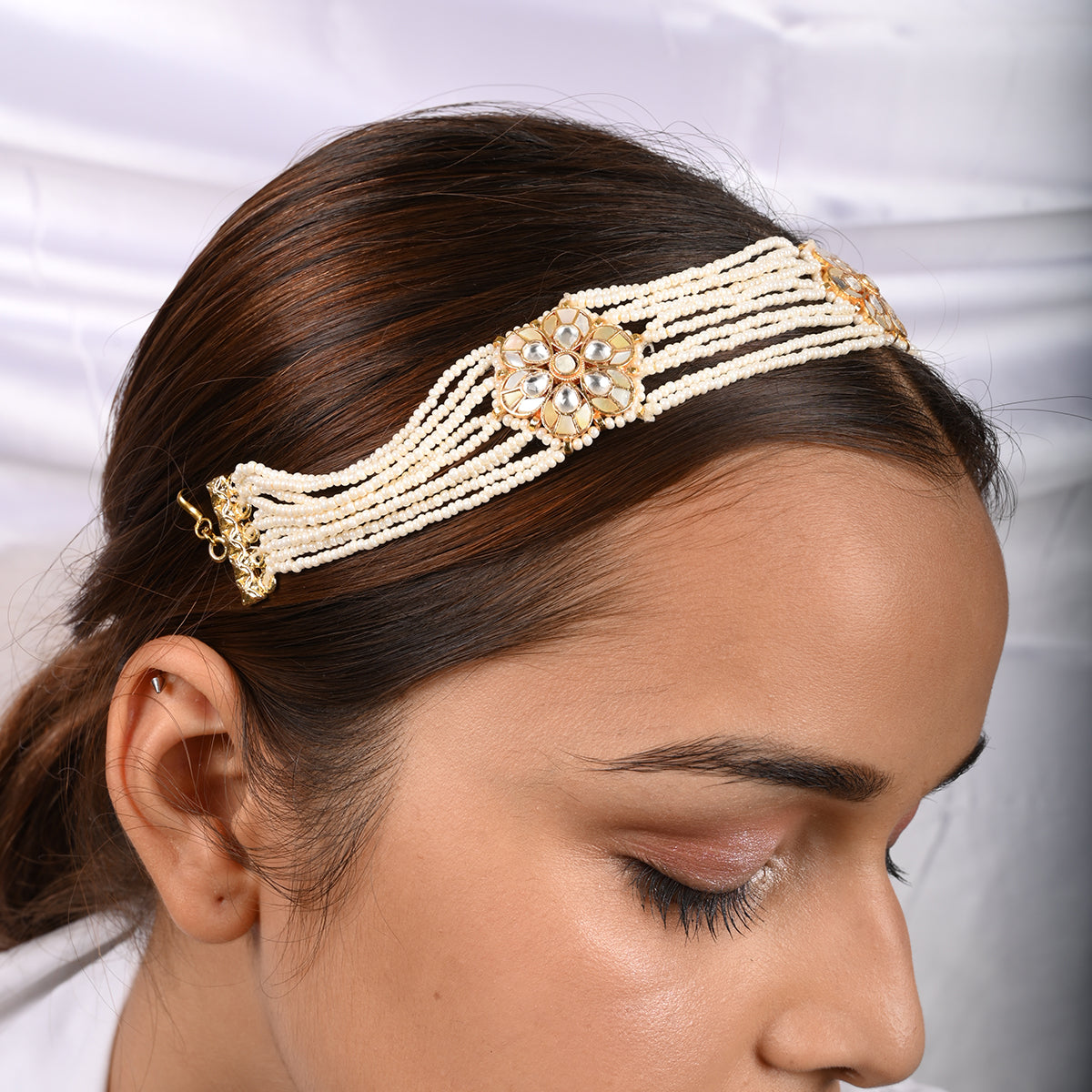 SJH037- White Colour Gold Plated Mother of Pearl and Jadau Kundan Mixed Beaded Headband/ Sheeshphool