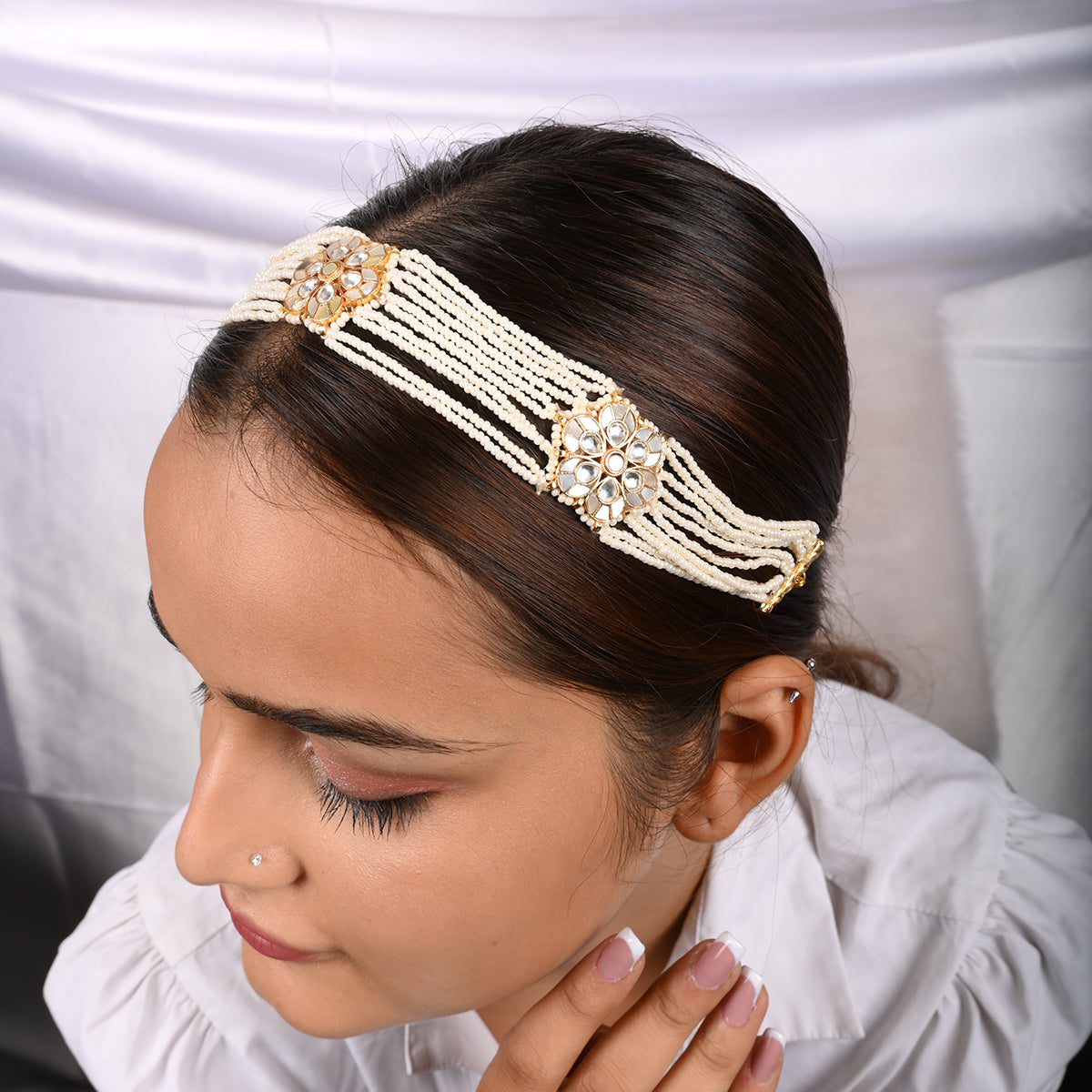 SJH037- White Colour Gold Plated Mother of Pearl and Jadau Kundan Mixed Beaded Headband/ Sheeshphool