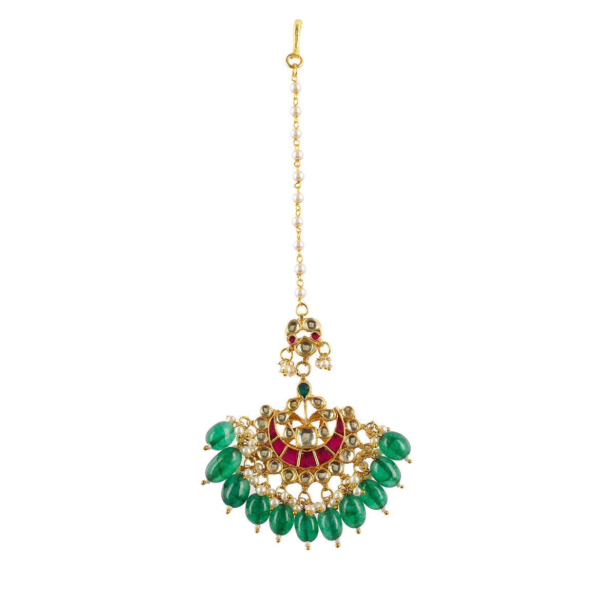 SJN001- Gold-Plated Kundan Necklace with Green and Pink Touched Earrings