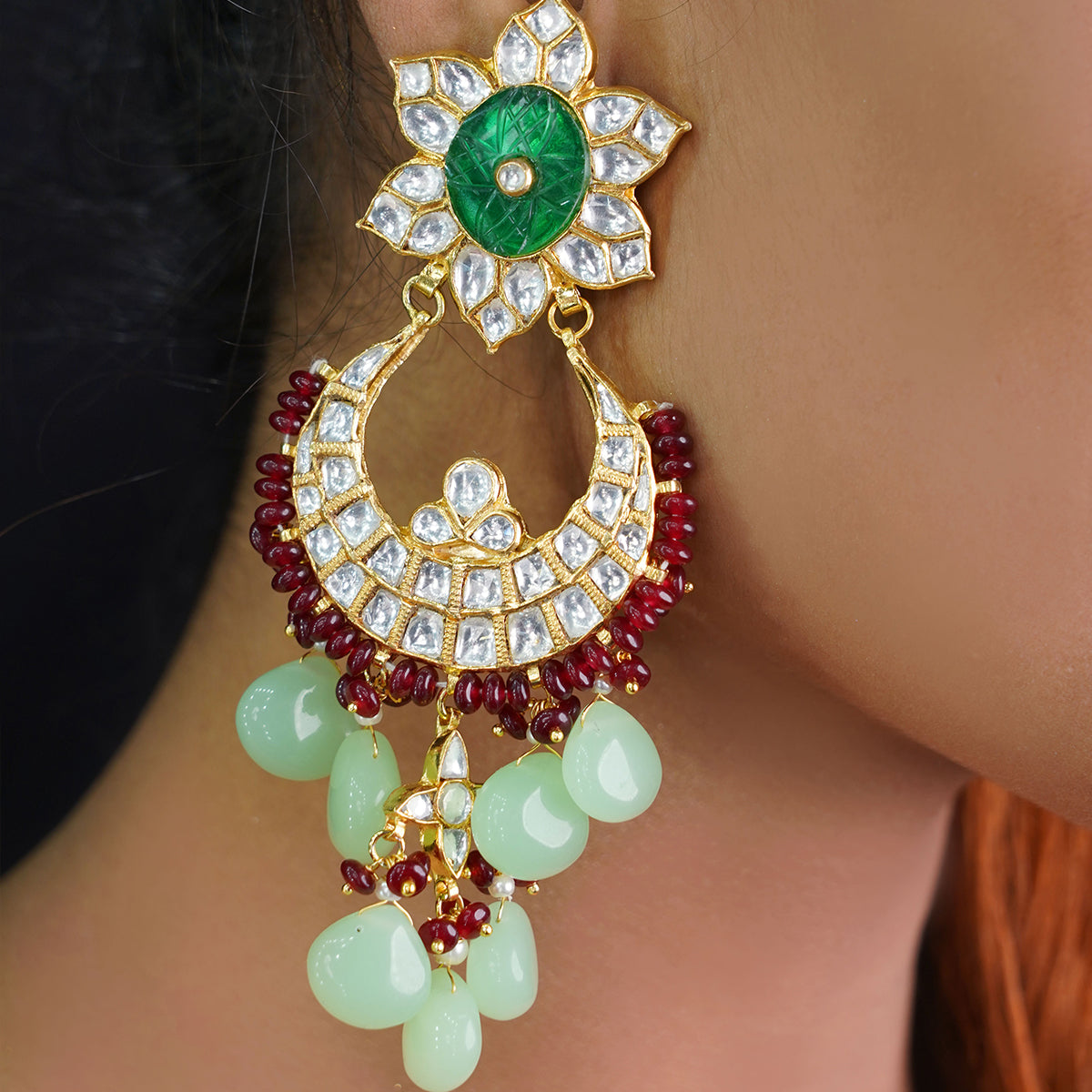 SJE035-Multicolor Gold Plated Jadau Kundan Chandbali Earrings