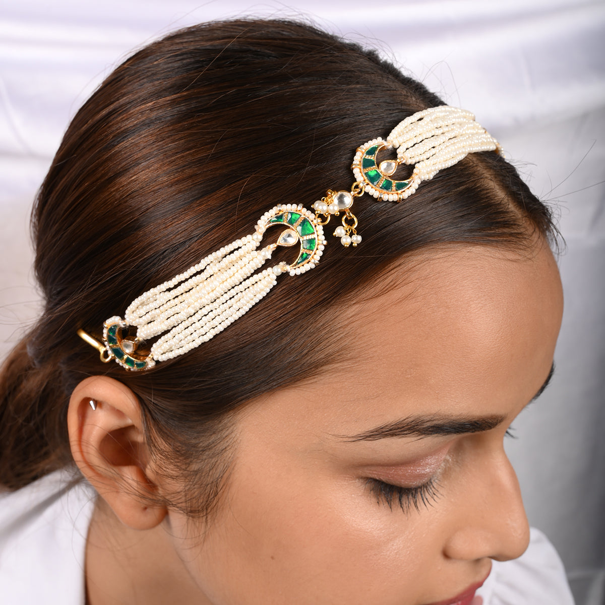 Tuberose Pearl Green Kundan Headband/Sheeshphool