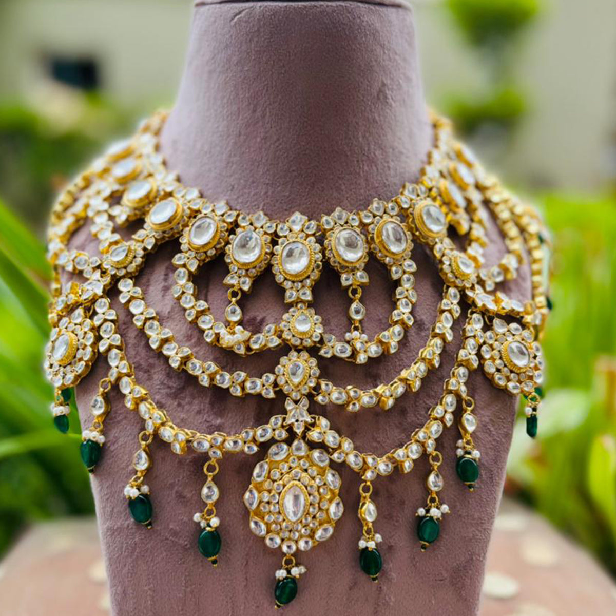 SJN129-White and Green Color Kundan Necklace Set