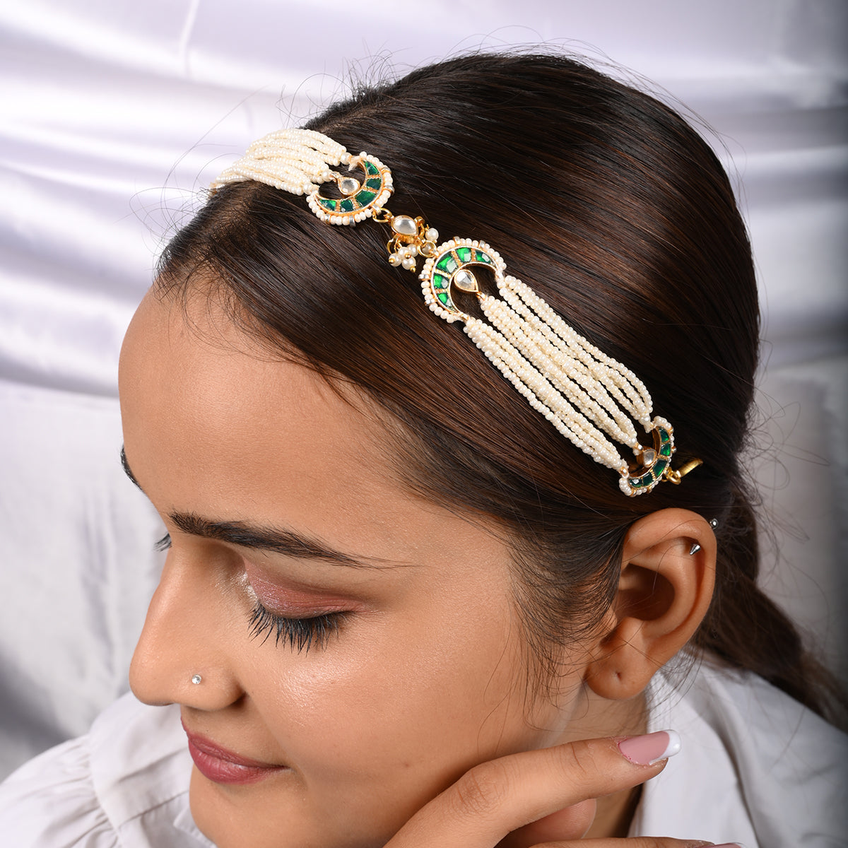 Tuberose Pearl Green Kundan Headband/Sheeshphool