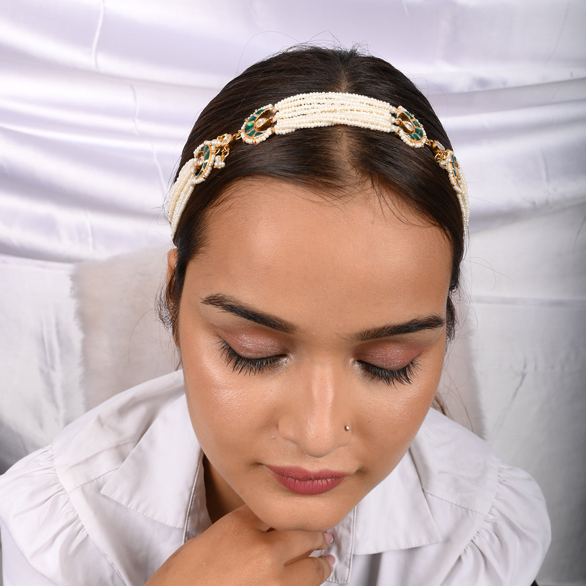 Tuberose Pearl Green Kundan Headband/Sheeshphool