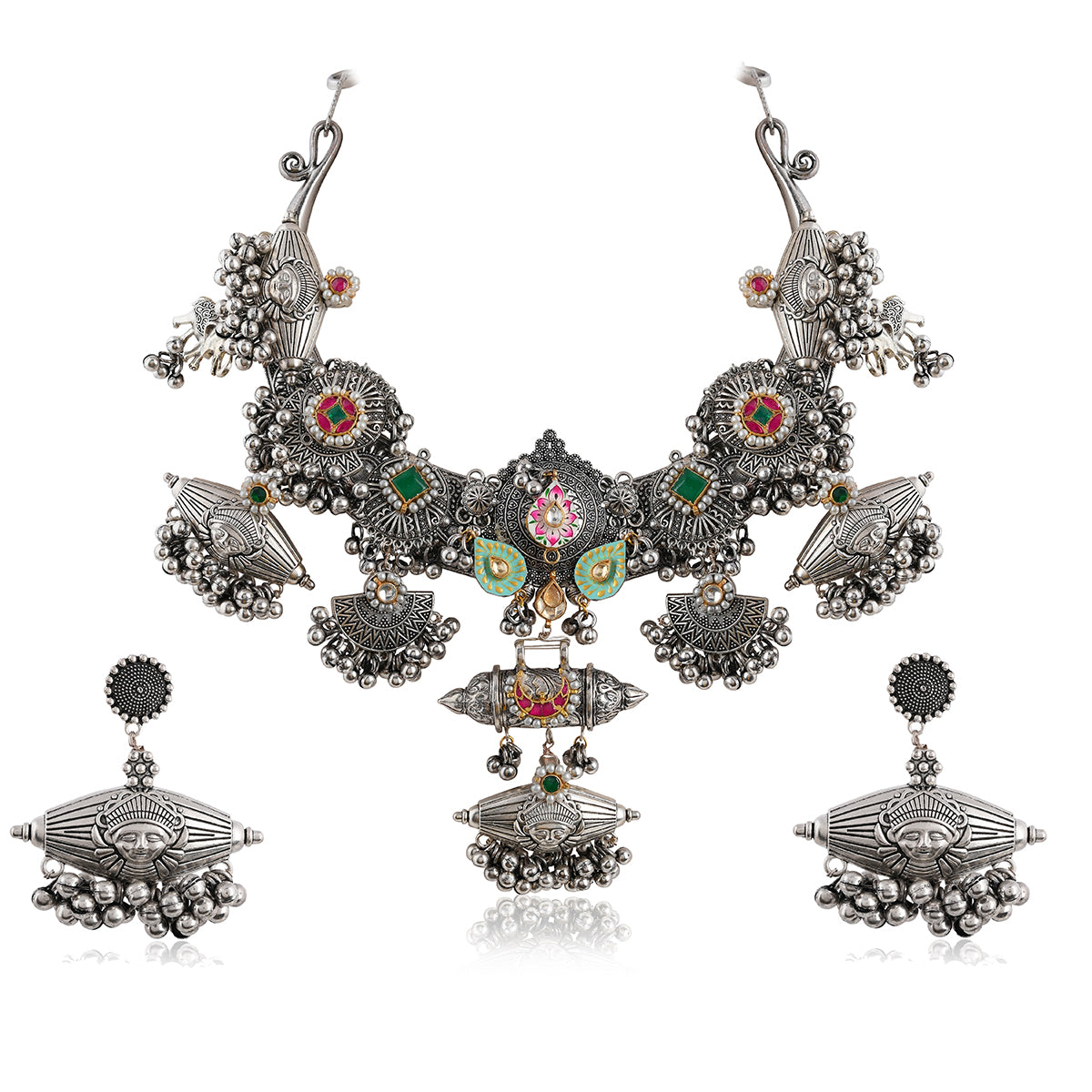 SJTN005- Multi Colour Oxodized Jadau Kundan Tribal Necklace With Earrings