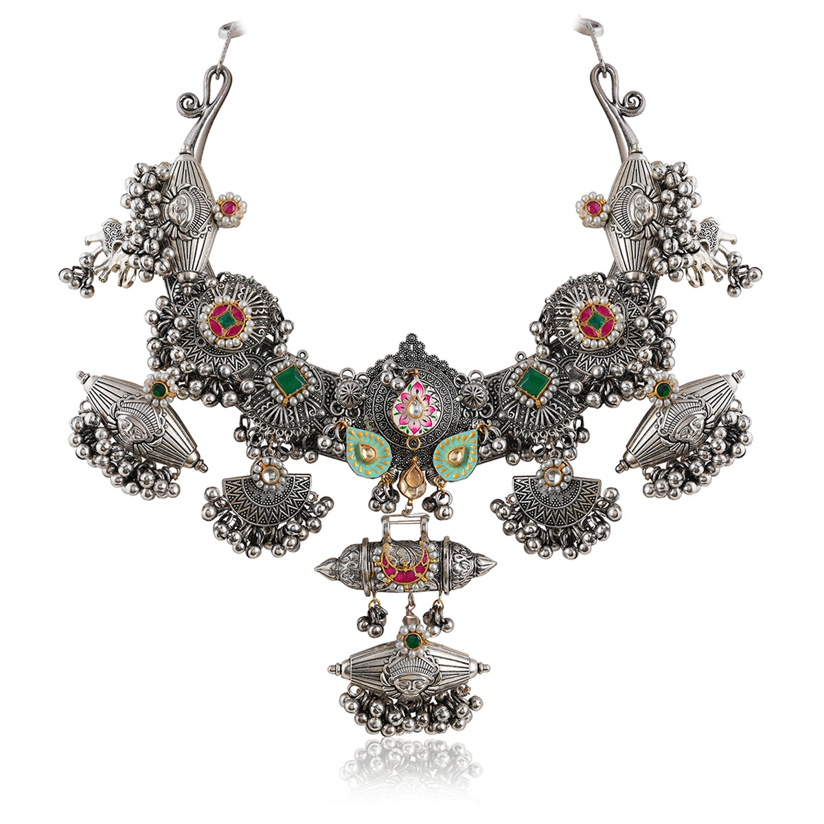 SJTN005- Multi Colour Oxodized Jadau Kundan Tribal Necklace With Earrings