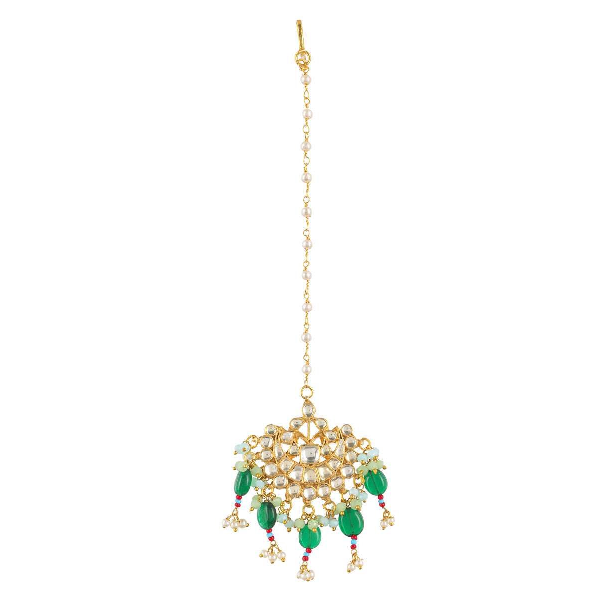 SJN1210- White and Green Colour Gold Plated Jadau Kundan Bridal Necklace with Earirngs and Tika