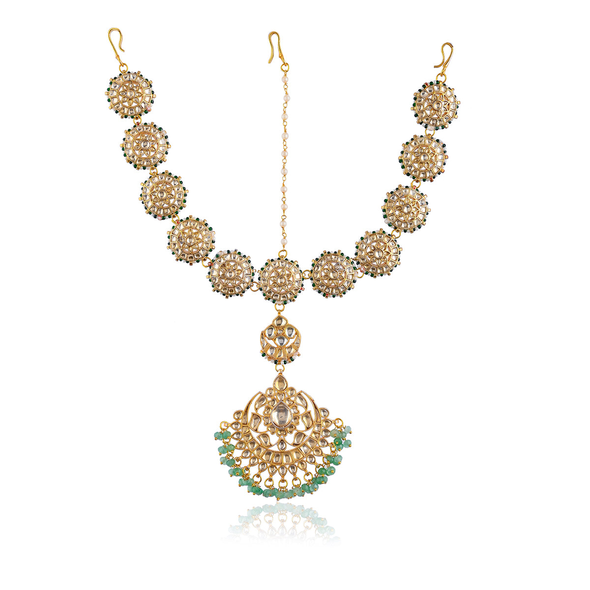 SJH021- White & Mint Color Gold Plated Jadau Kundan Headband/Sheeshphool