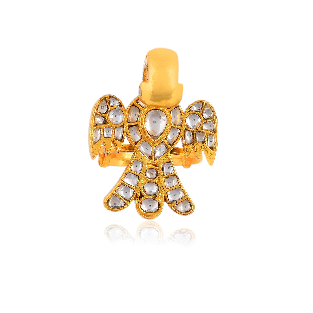 SJR017- White Colour Eagle Motif Gold Plated Jadau Kundan Ring