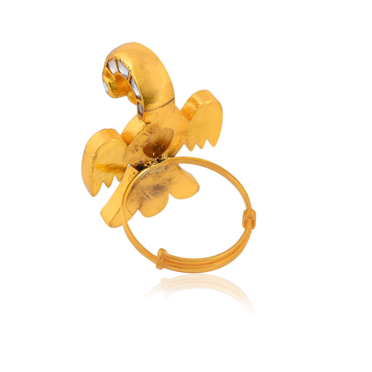 SJR017- White Colour Eagle Motif Gold Plated Jadau Kundan Ring