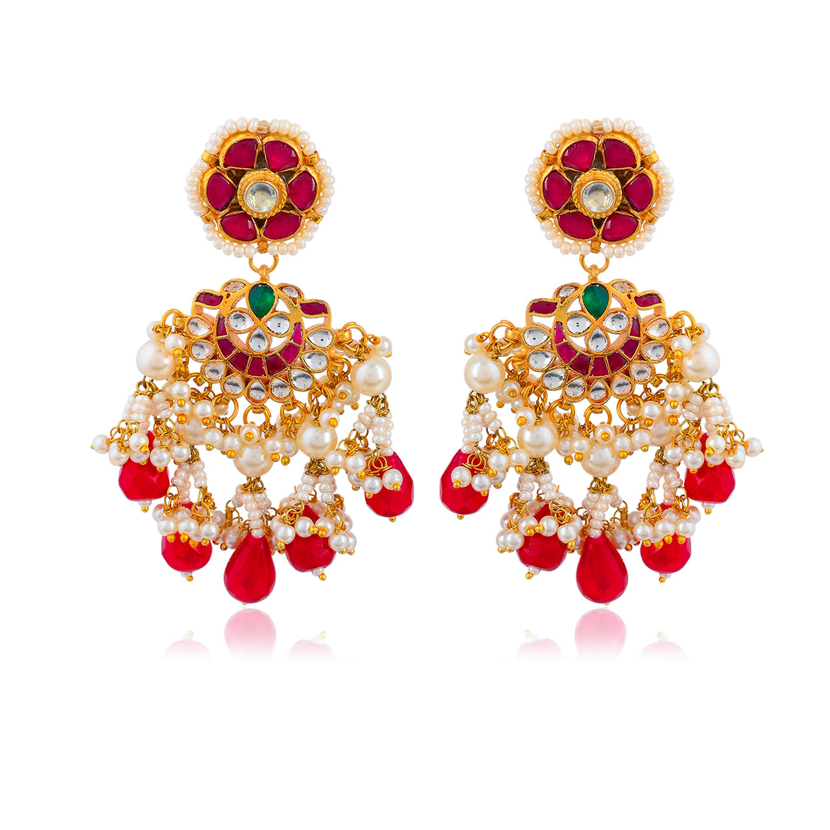 SJE048- Red Colour Gold Plated Sakal Kundan Earring