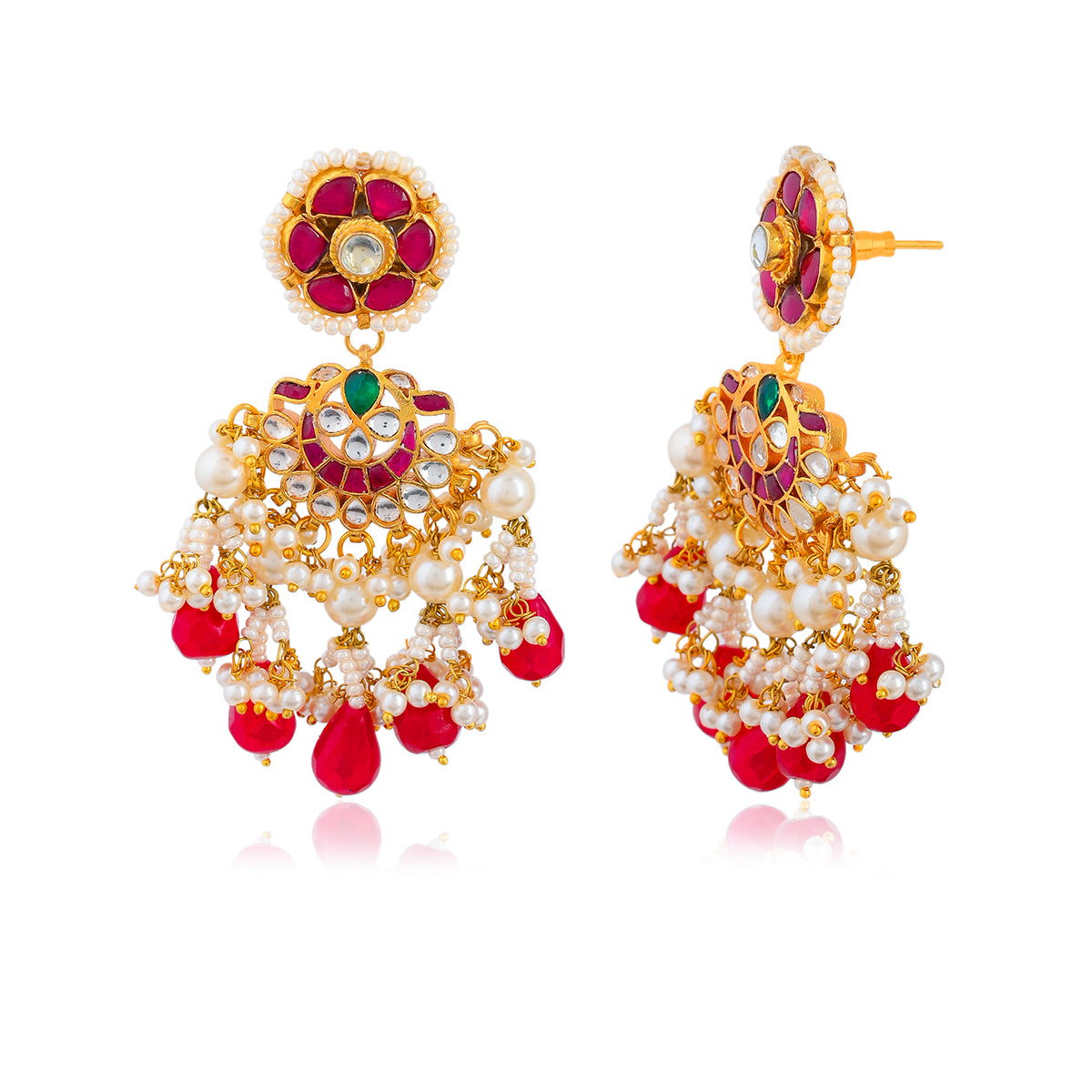 SJE048- Red Colour Gold Plated Sakal Kundan Earring
