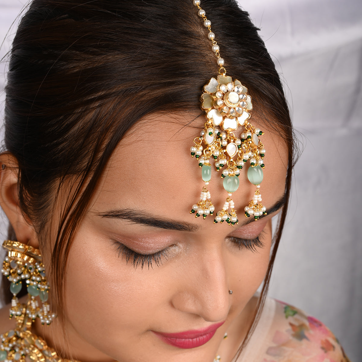 Aradhya Aqua Mother of Pearl Choker Set with Tika