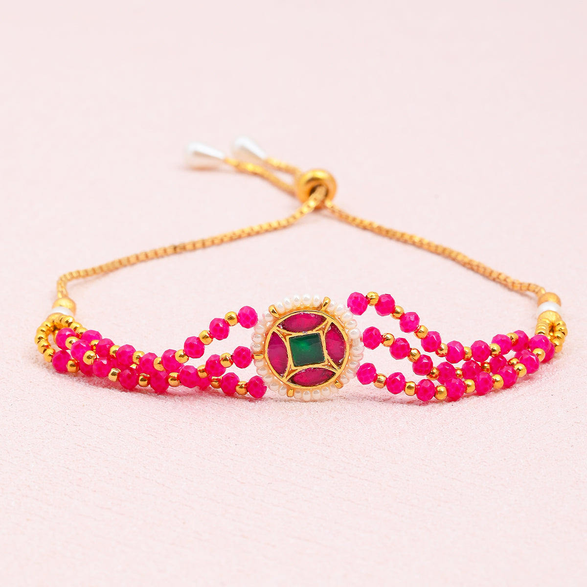 SJRB007- Pink Beaded Gold Plated Jadau Kundan Bracelet