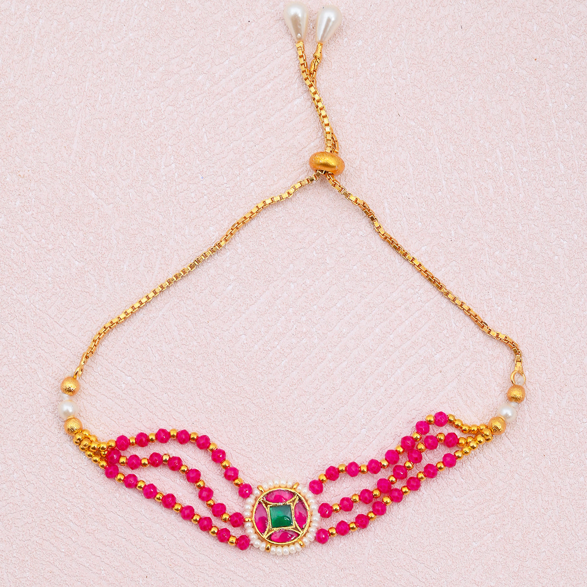 SJRB007- Pink Beaded Gold Plated Jadau Kundan Bracelet