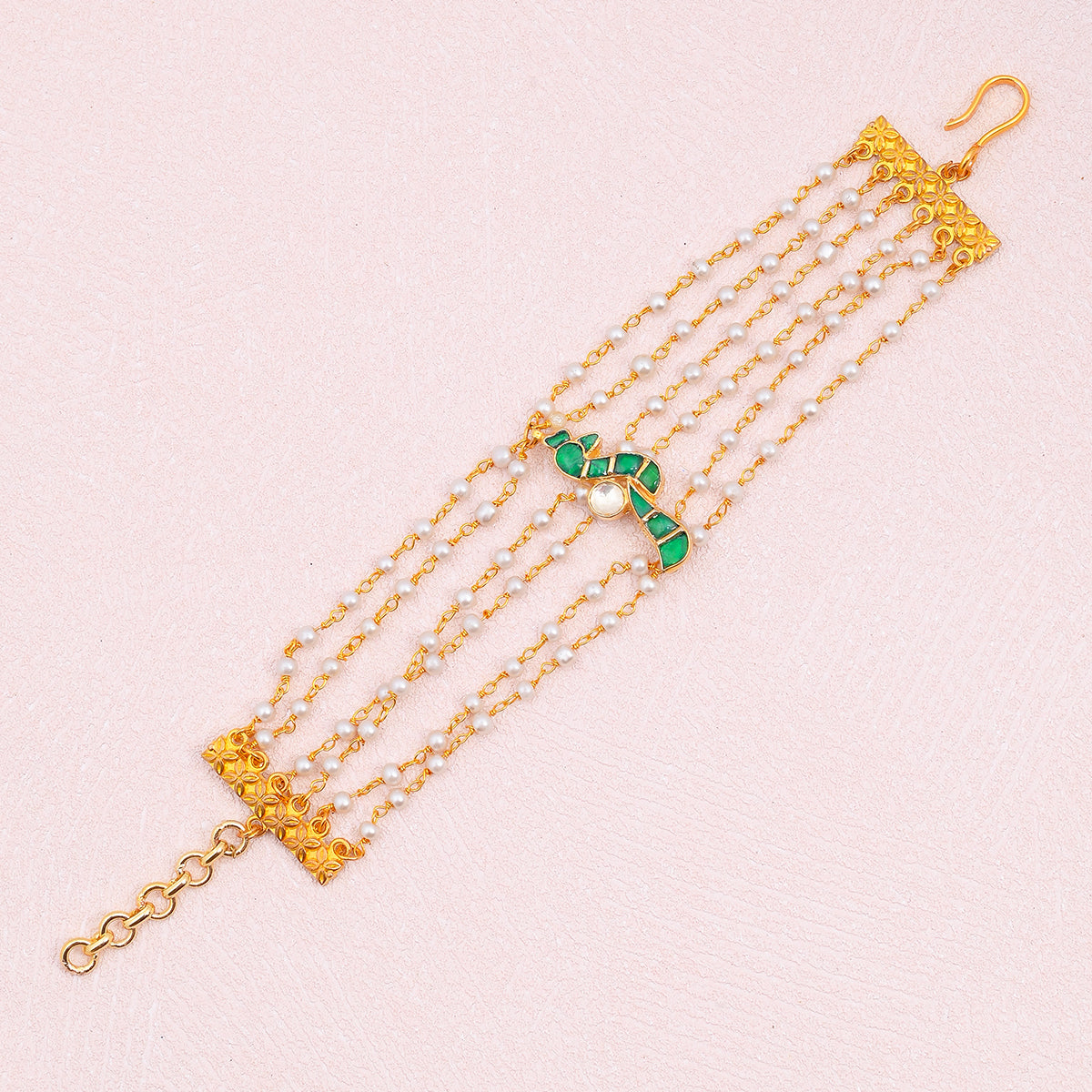 SJRB009- Emerald Green Gold Plated Peacock Jadau Kundan Bracelet