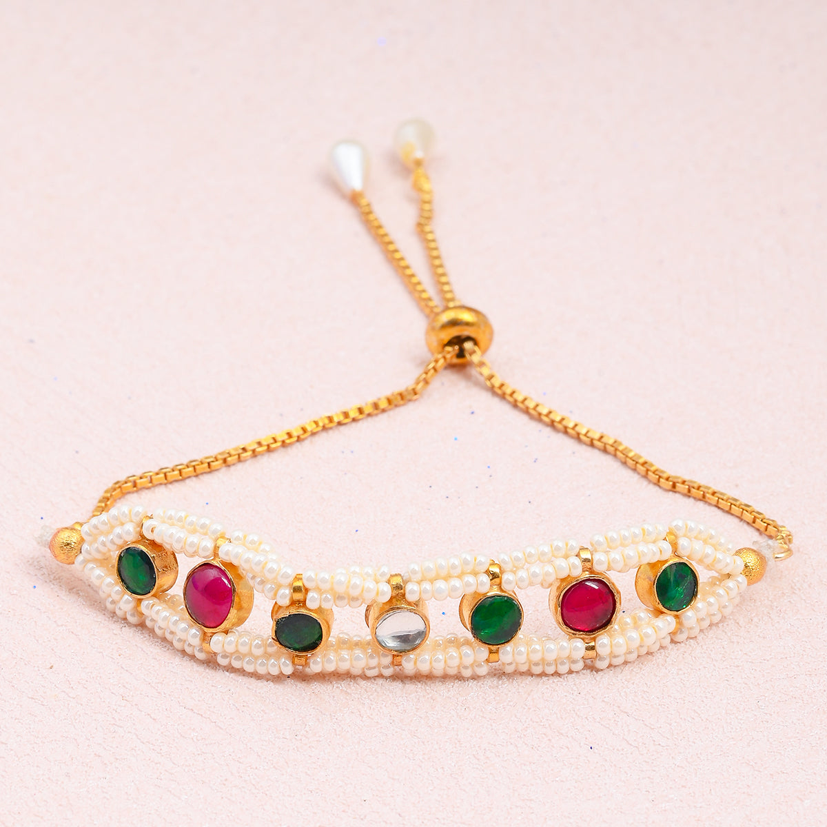 SJRB010- Multi Color Gold Plated Jadau Kundan Bracelet