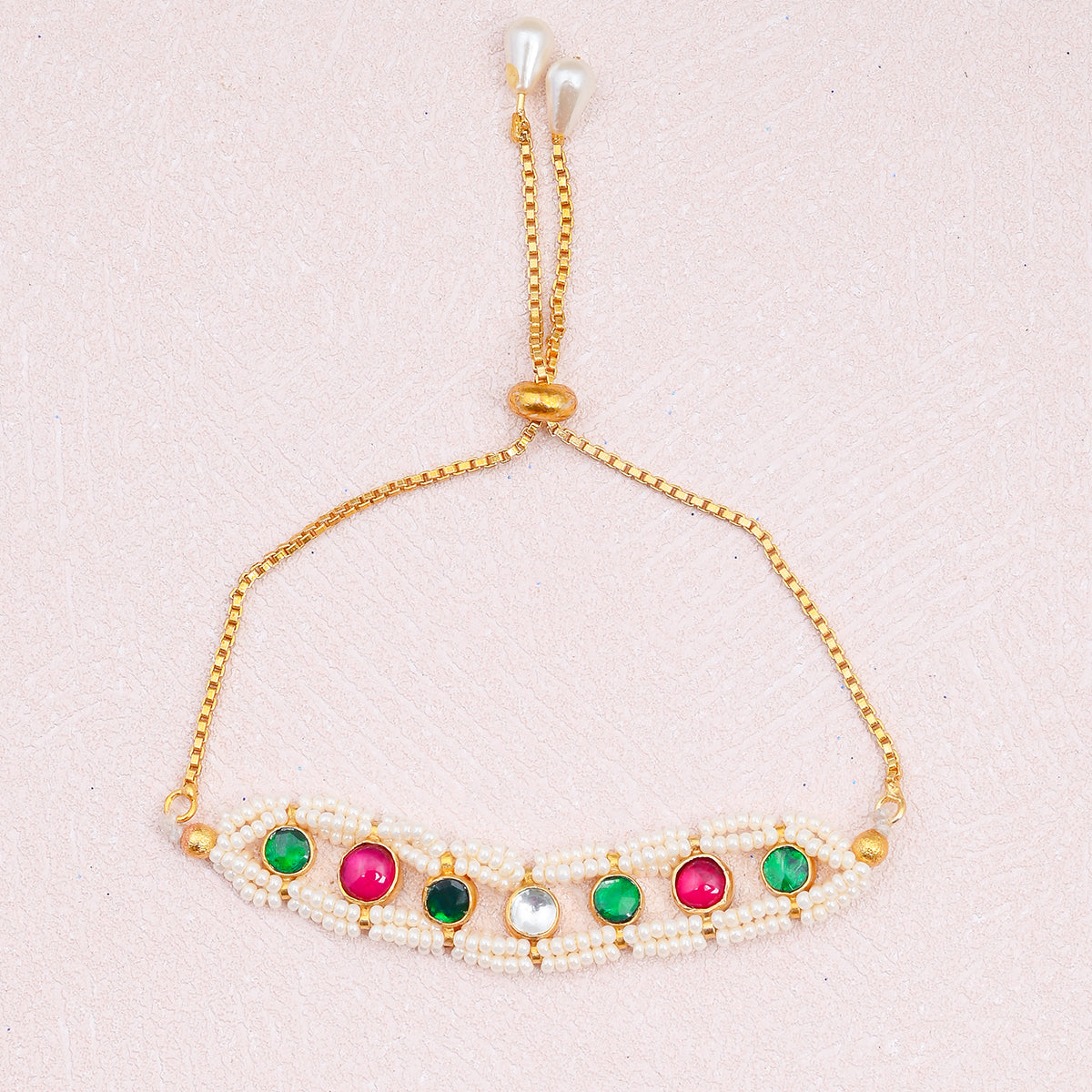 SJRB010- Multi Color Gold Plated Jadau Kundan Bracelet