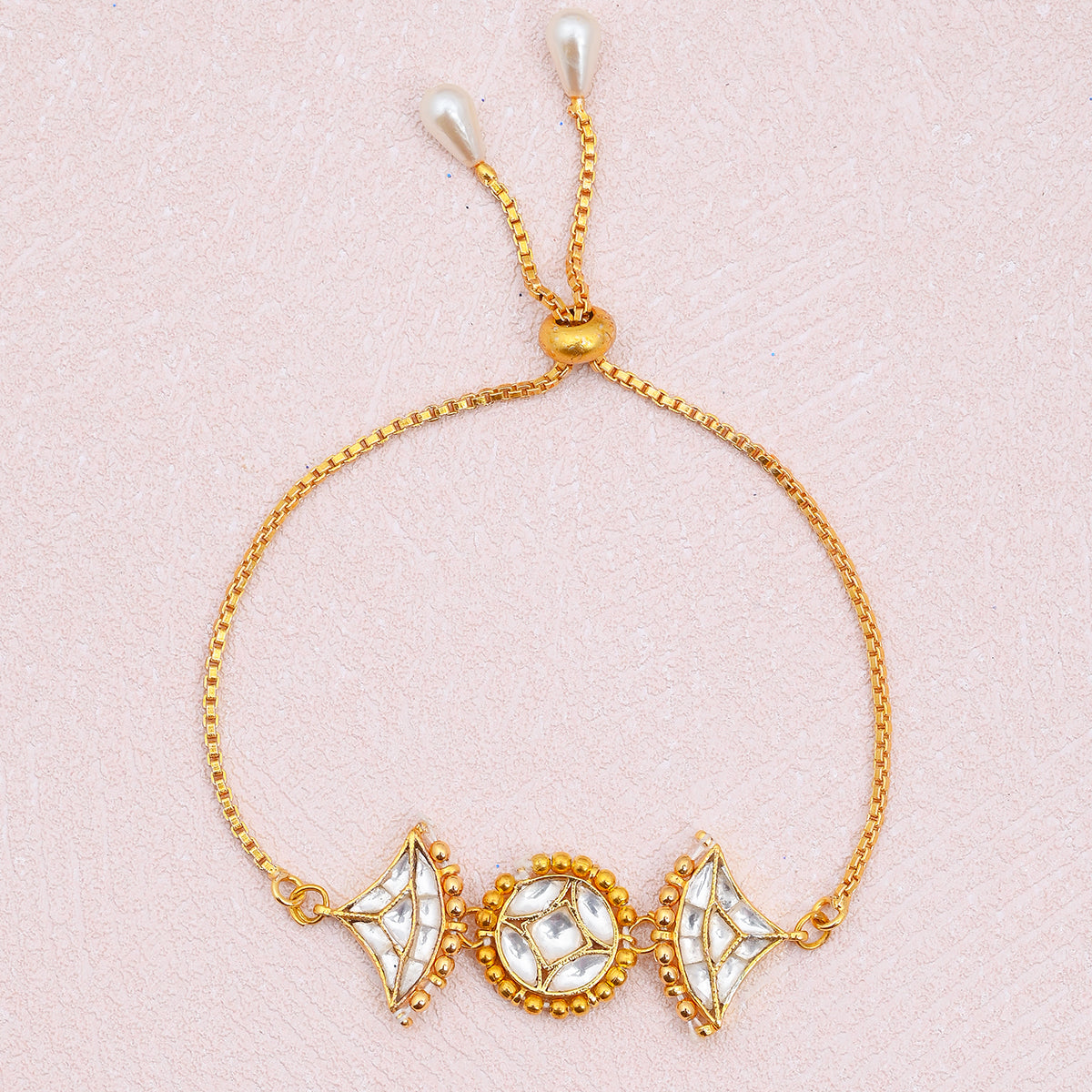 SJRB013- White Floral Centerpiece Gold Plated Jadau Kundan Bracelet