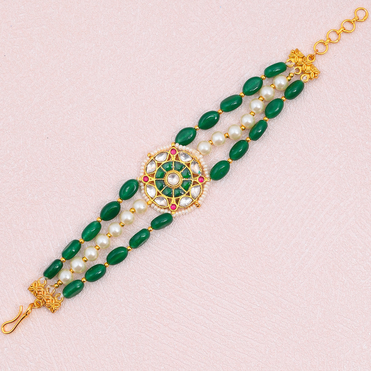 SJRB014- Green Beaded Gold Plated Jadau Kundan Bracelet