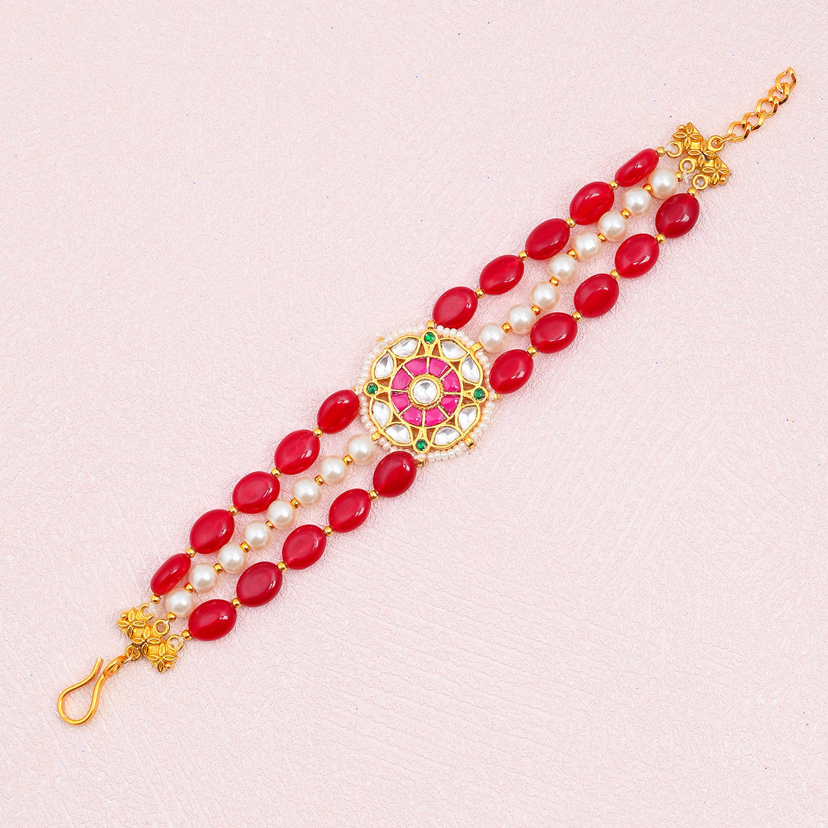 SJRB015- Pink Beaded Gold Plated Jadau Kundan Bracelet