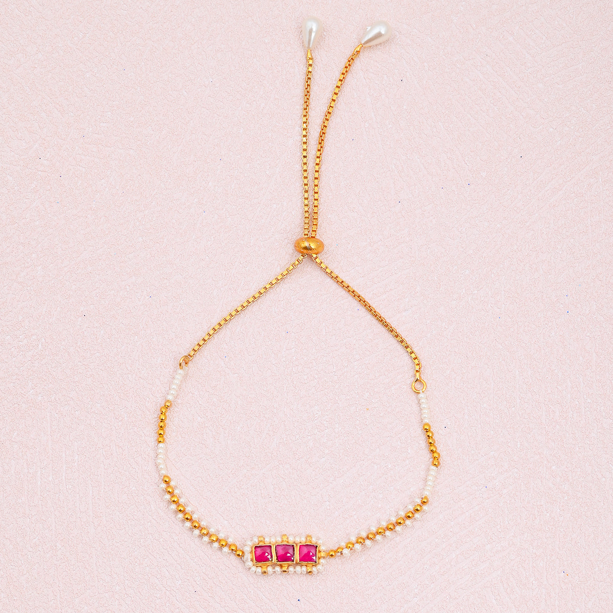 SJRB017- Pink Gold Plated Jadau Kundan Adjustable Bracelet