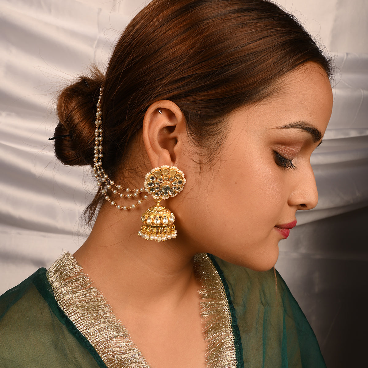 SJKC007- White Colour Gold Plated Jadau Kundan Minimalist Style Earchain and Jhumki Optional
