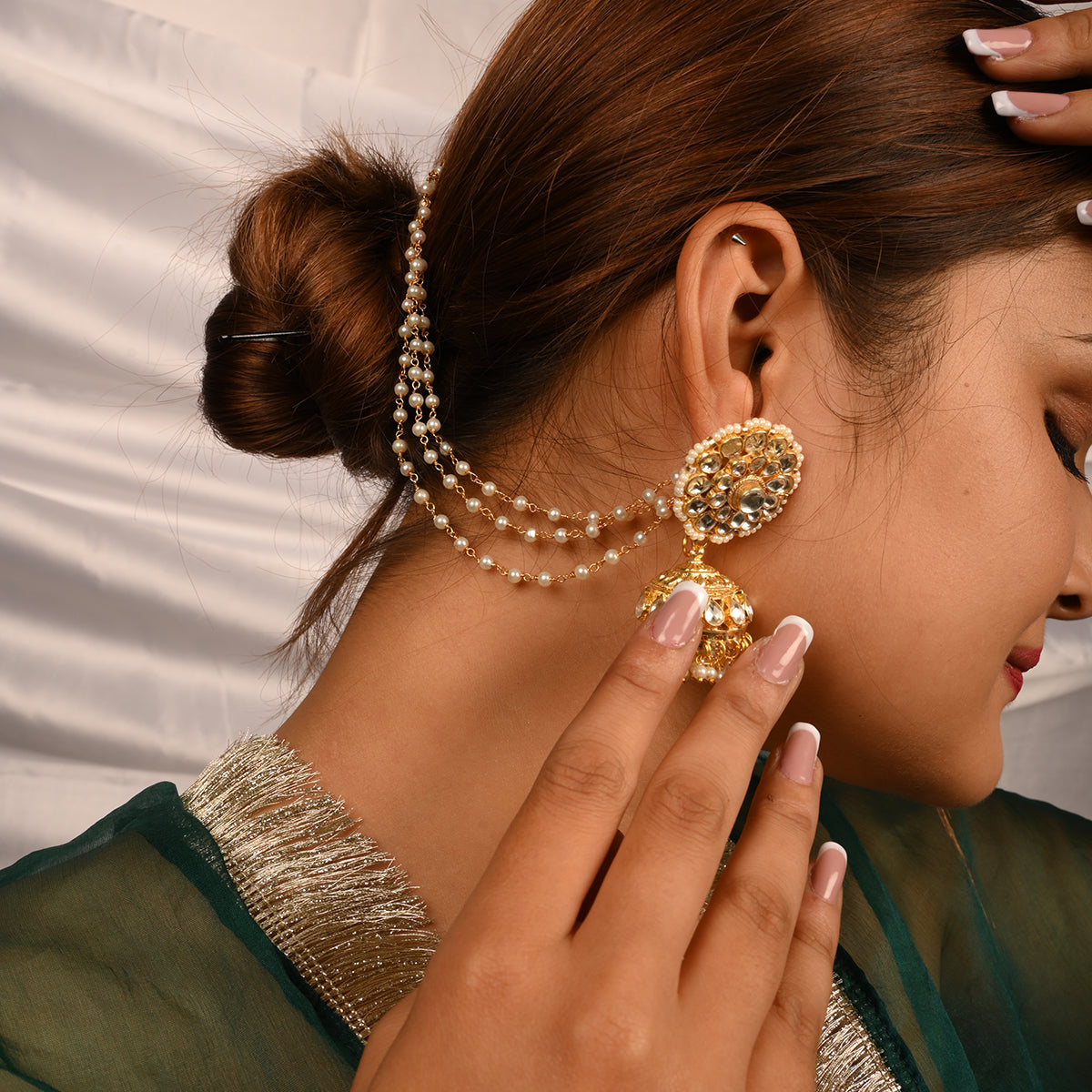SJKC007- White Colour Gold Plated Jadau Kundan Minimalist Style Earchain and Jhumki Optional