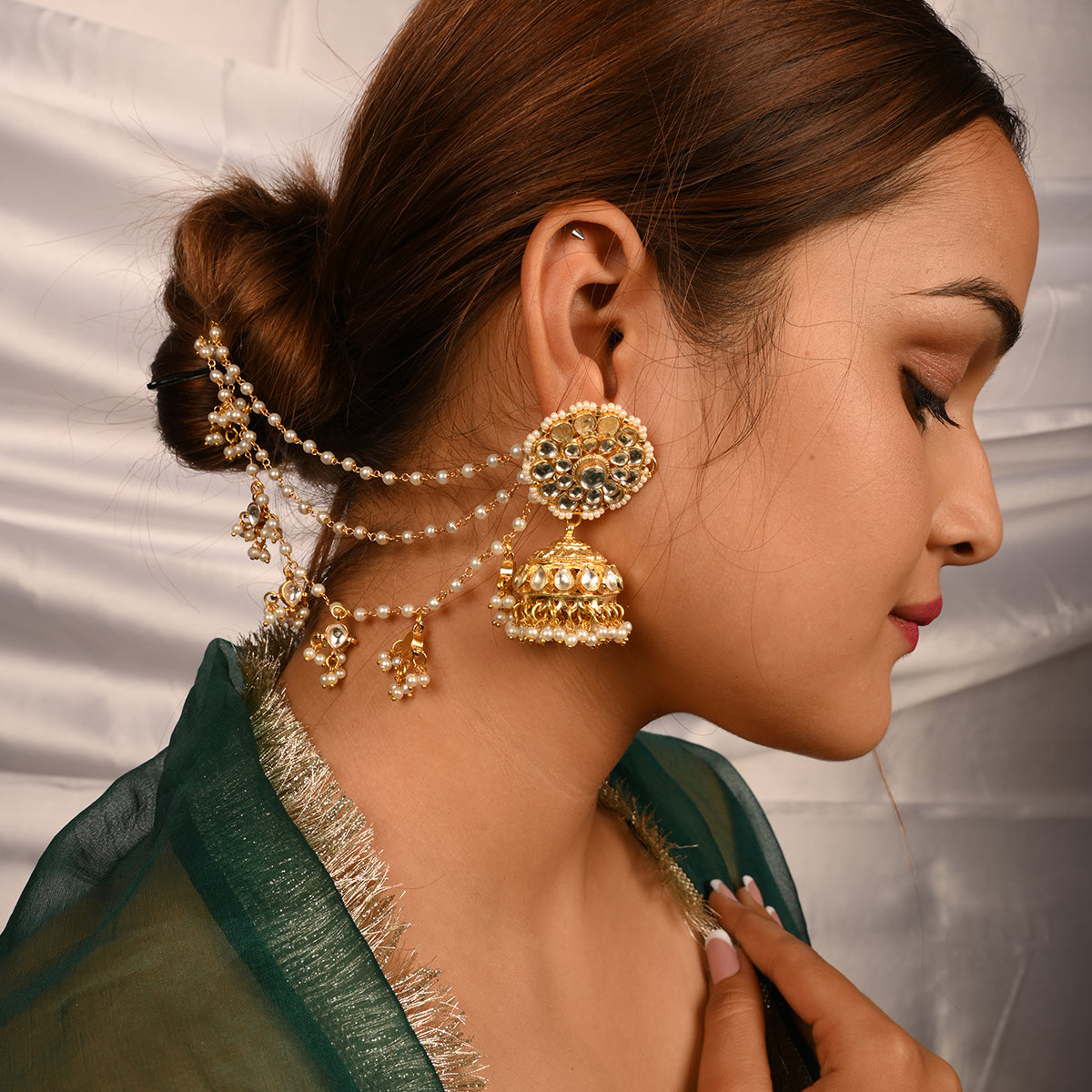 SJKC009- White Colour Gold Plated Jadau Kundan Earchain and Jhumki Optional