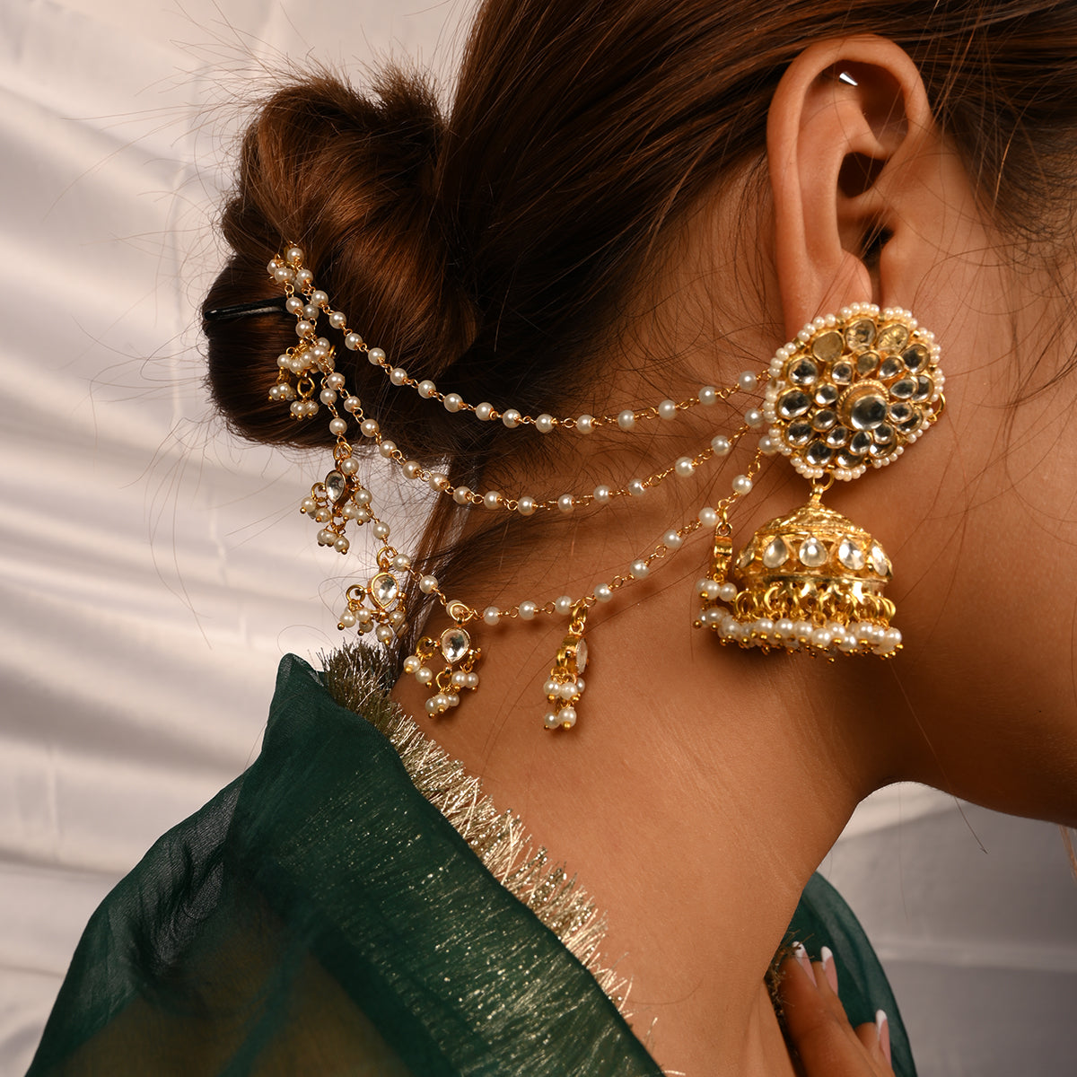SJKC009- White Colour Gold Plated Jadau Kundan Earchain and Jhumki Optional