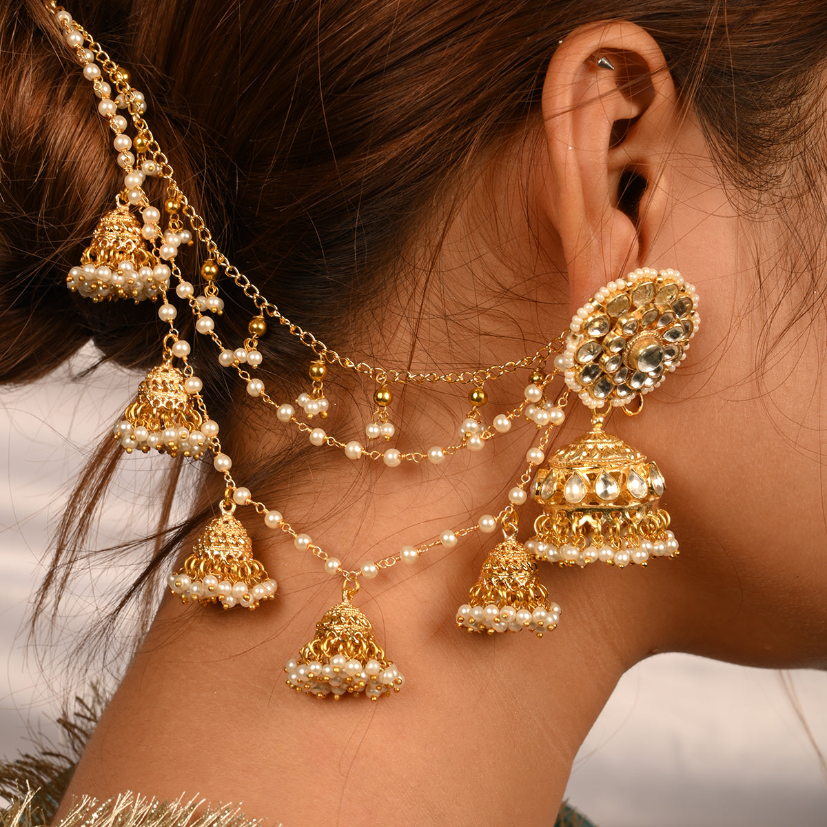 SJKC011- White and Golden Colour Gold Plated Jadau Kundan Jhumki Earchain with Jhumki Earrings Optional