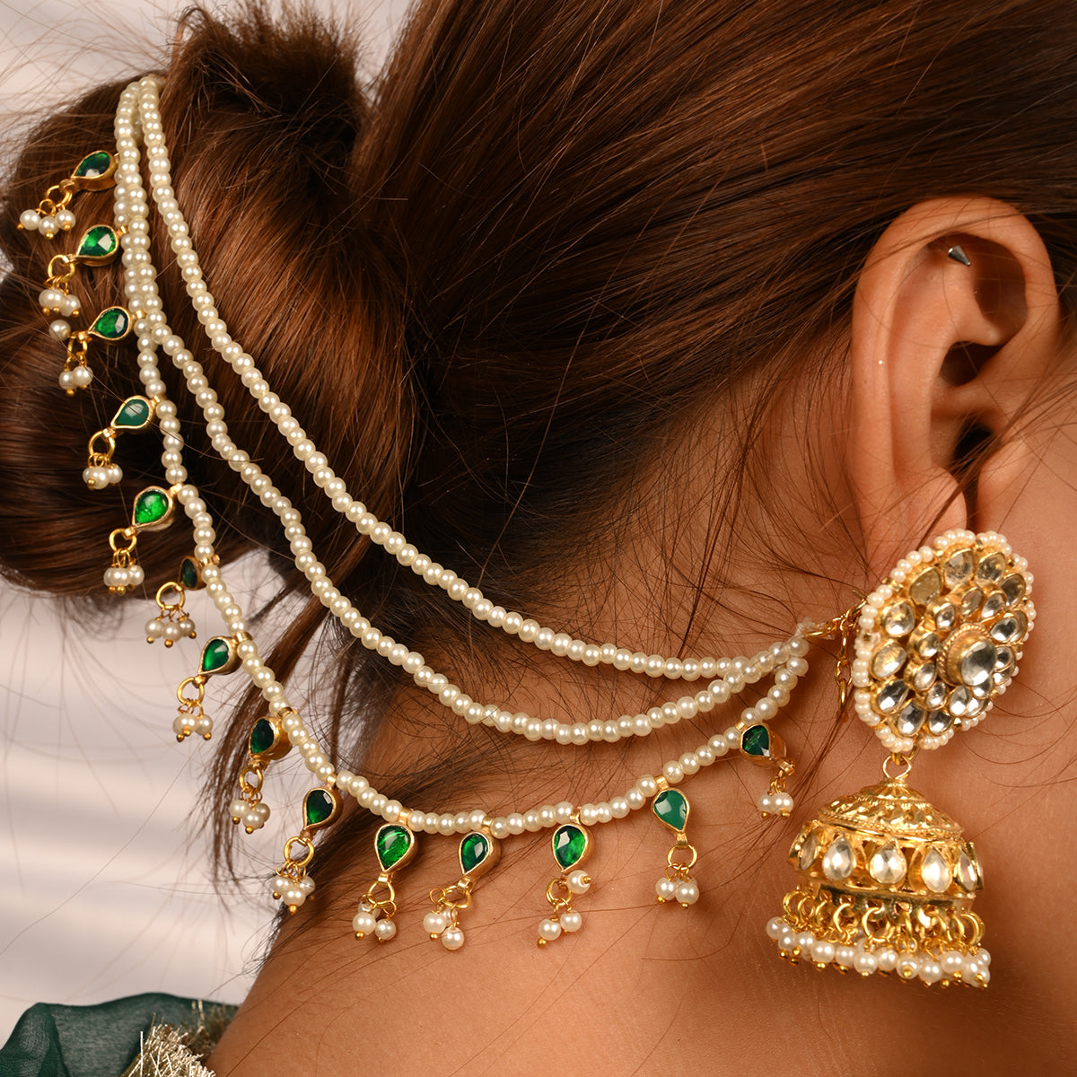 SJKC003- Green and White Colour Gold Plated Jadau Kundan Pearl Earchain and Jhumki Optional