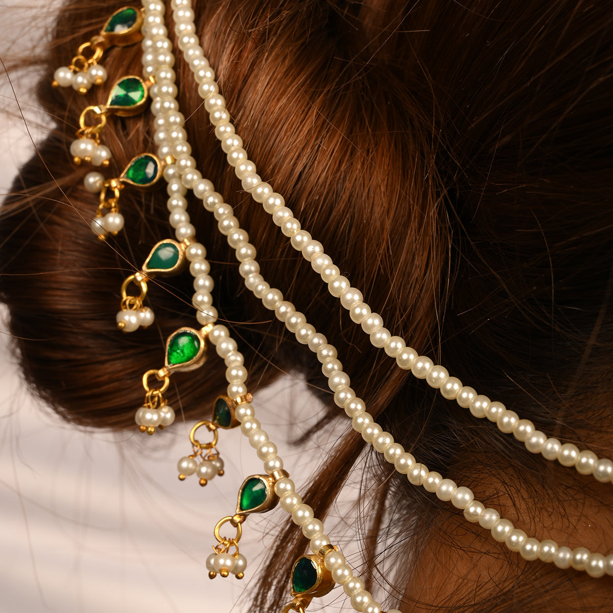 SJKC003- Green and White Colour Gold Plated Jadau Kundan Pearl Earchain and Jhumki Optional