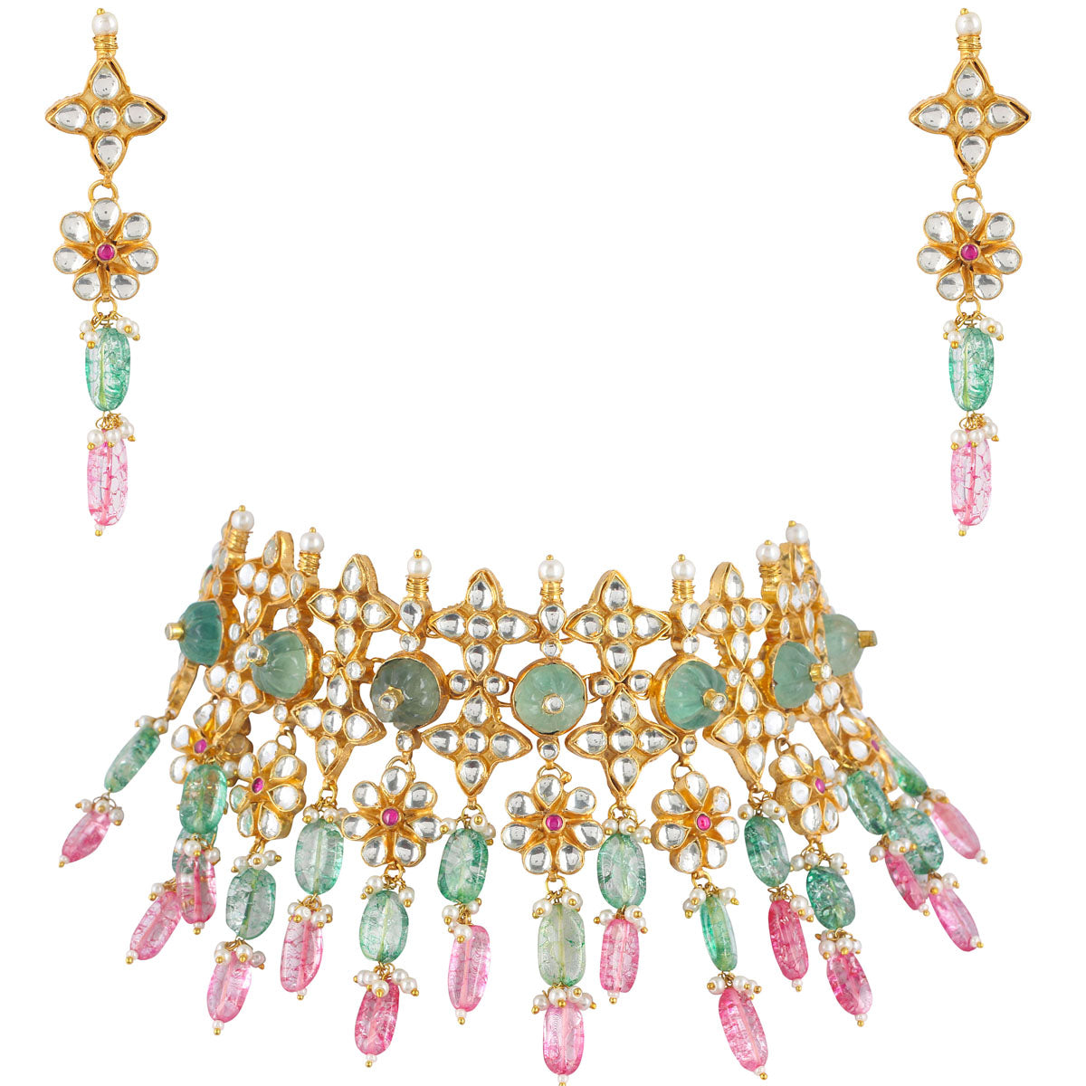 SJN125- Multi Colour Gold Plated Jadau Kundan Choker with Earrings