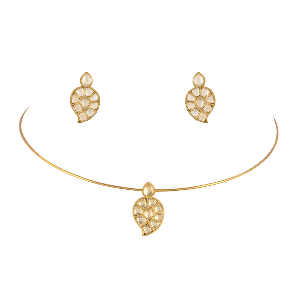 SJTN012- White Color Gold Plated Jadau Kundan Mango Motif Hasli Necklace with Earirngs
