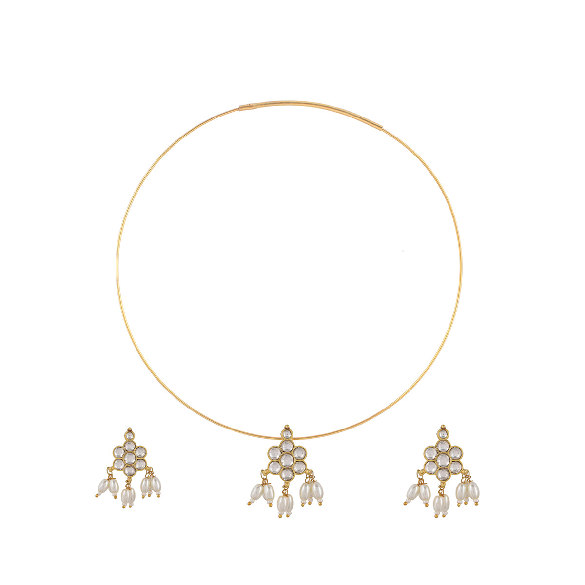 SJTN009- White Colour Gold Plated Jadau Kundan Flower Motif Hasli Necklace with Earrings