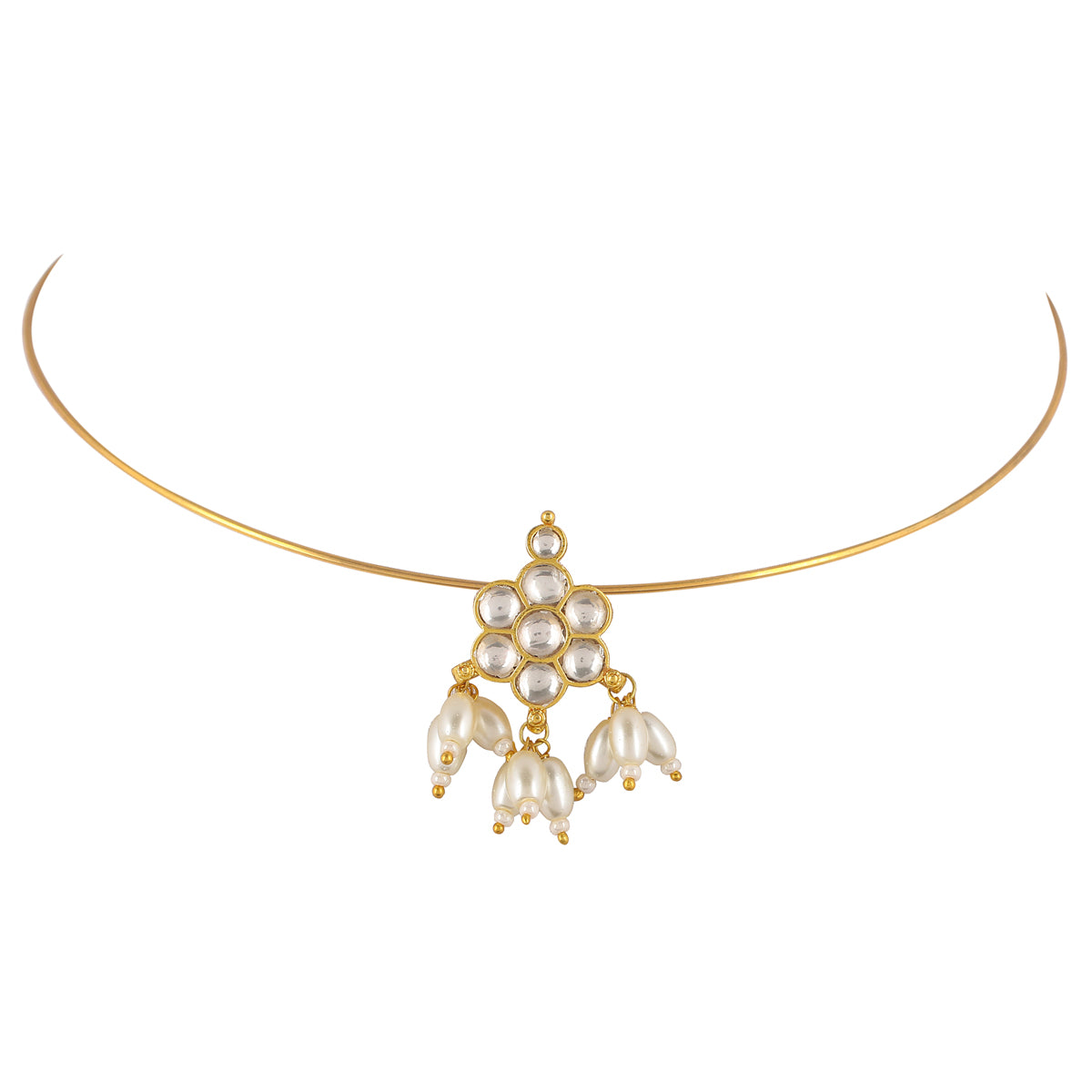 SJTN009- White Colour Gold Plated Jadau Kundan Flower Motif Hasli Necklace with Earrings